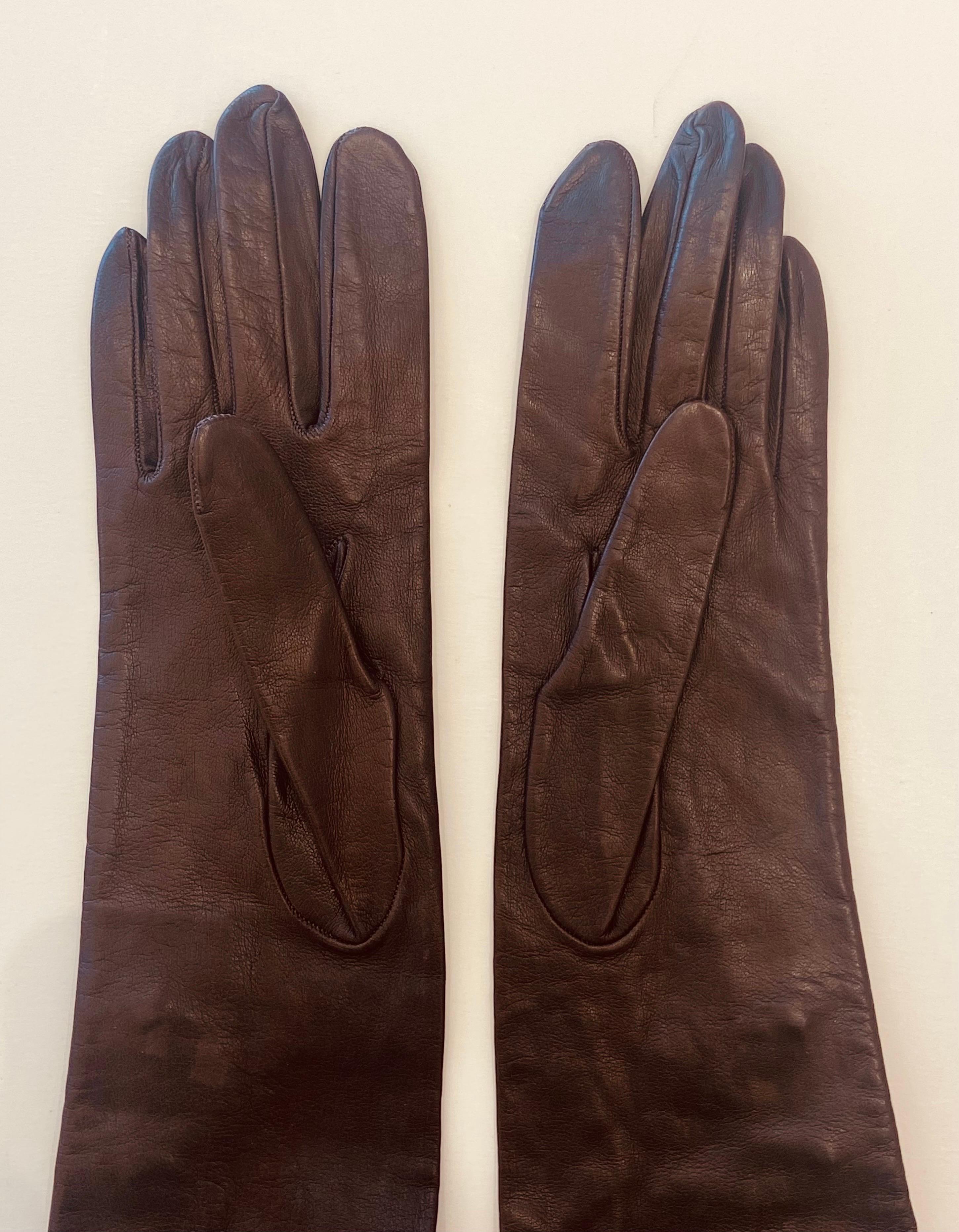 Black Chanel Buttery Soft Chocolate Brown Lamb Leather 8 Button Elbow Length Gloves 7 For Sale