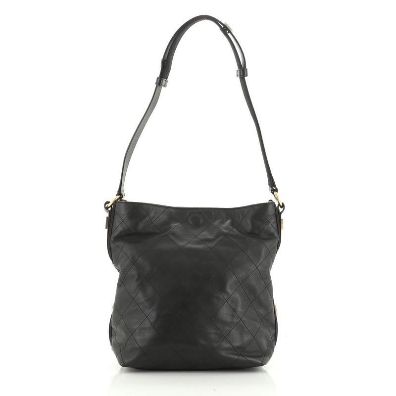 Black Chanel Button Up Hobo Quilted Calfskin with Grosgrain Large