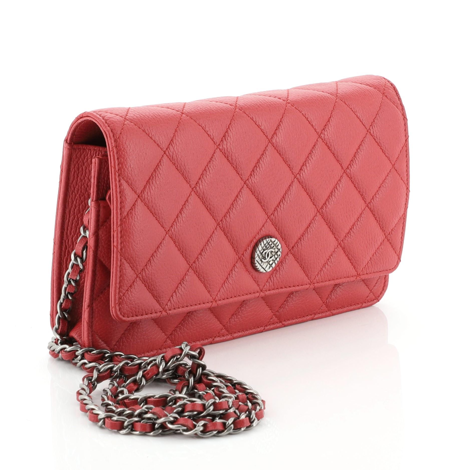 Red Chanel Button Wallet On Chain Quilted Goatskin 