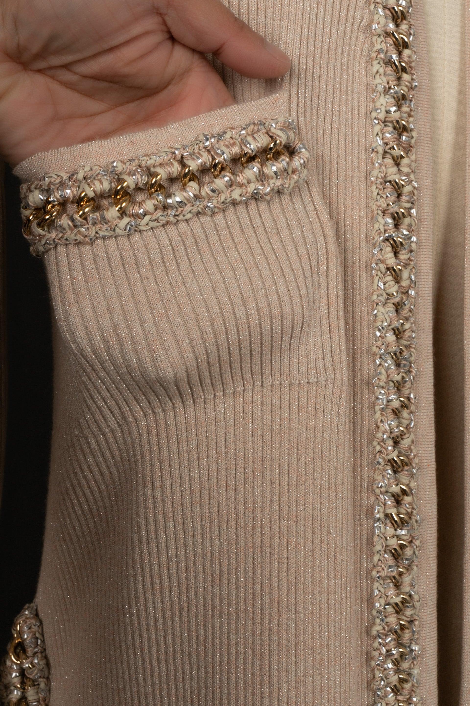 Chanel - Cardigan sans boutons en velours côtelé beige et maille de cachemire Pour femmes en vente