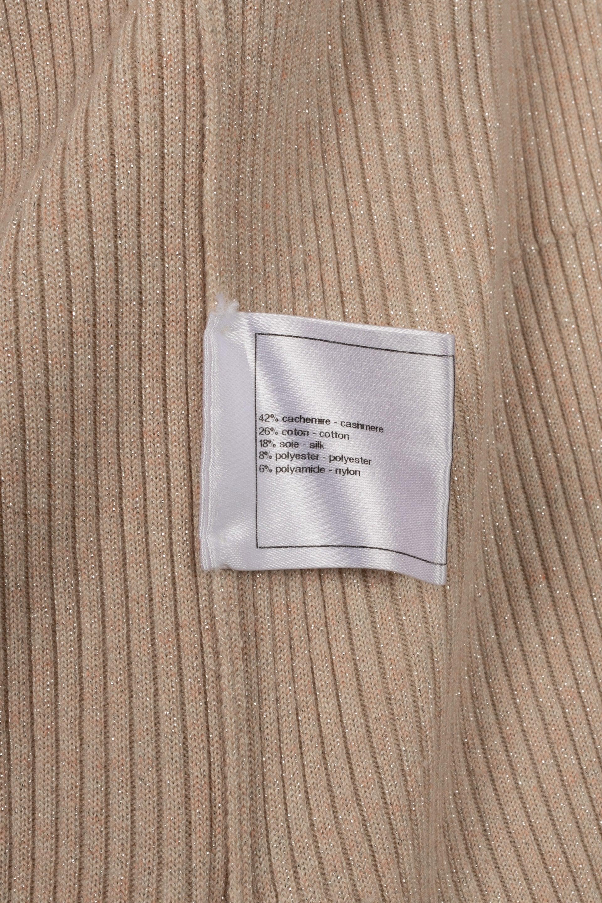 Chanel Buttonless Beige Corduroy Cashmere Mesh Cardigan For Sale 3