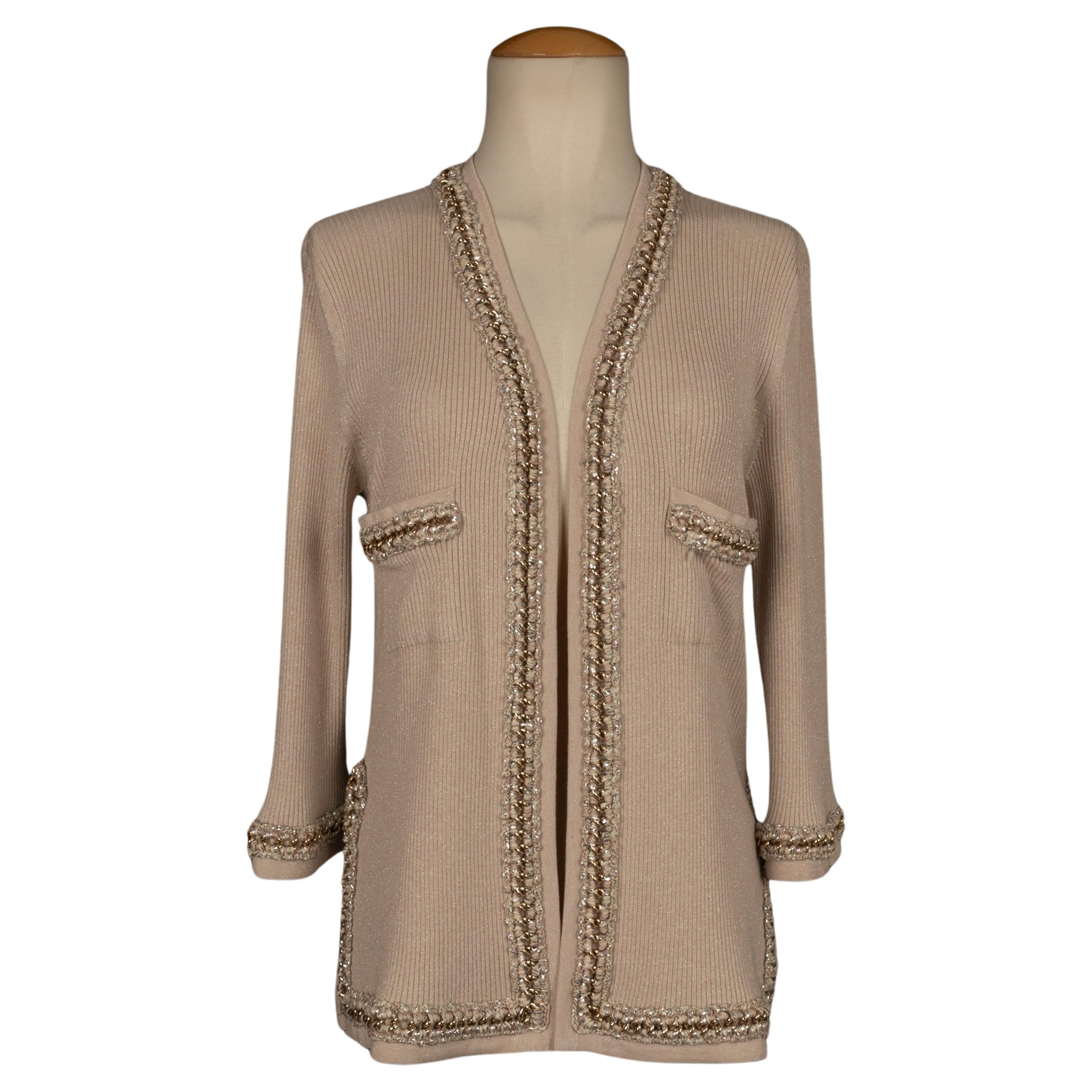 Chanel Buttonless Beige Corduroy Cashmere Mesh Cardigan For Sale
