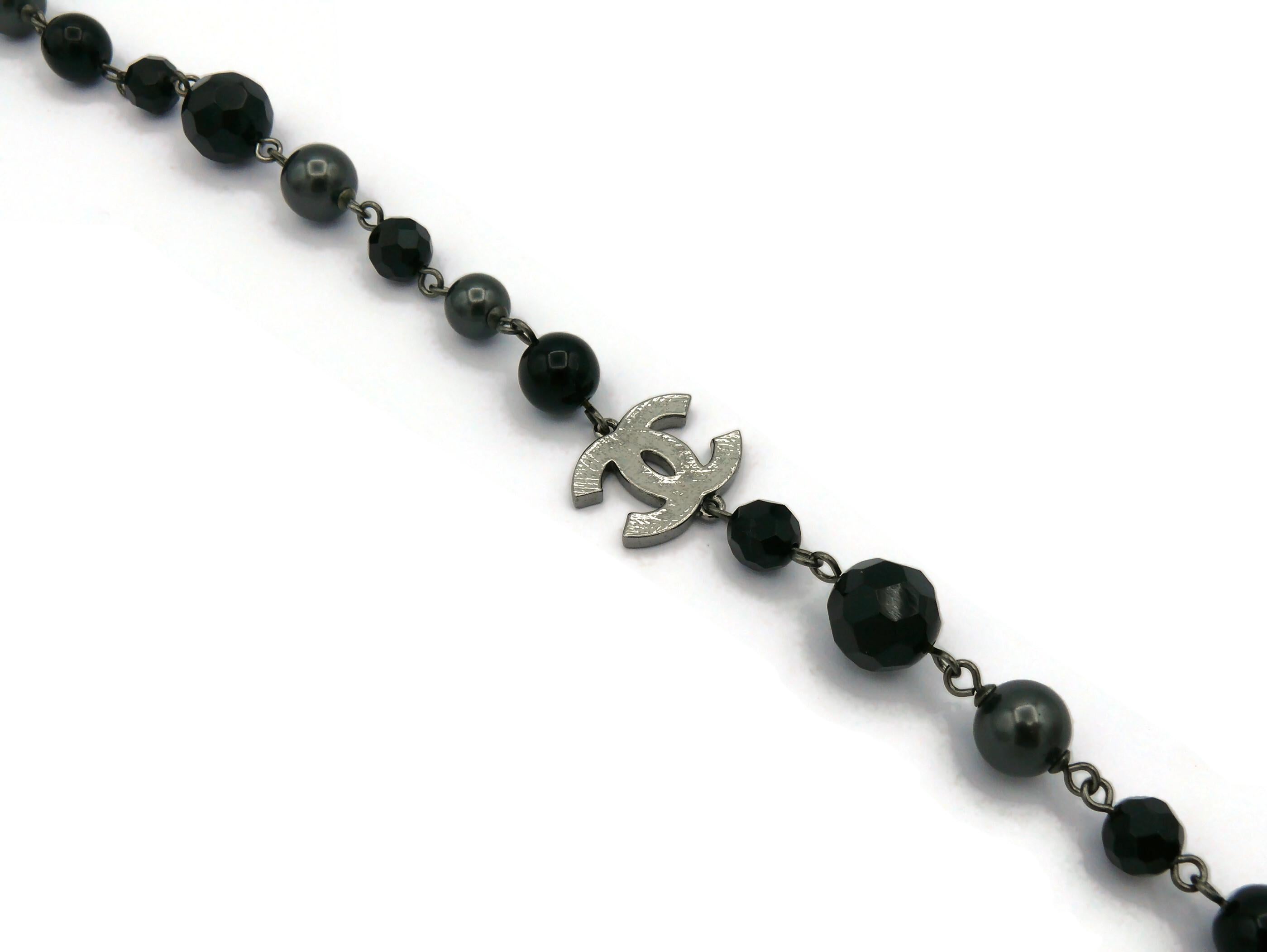 CHANEL by KARL LAGERFELD 2010 Grey Pearl and Black Bead CC Necklace For Sale 3