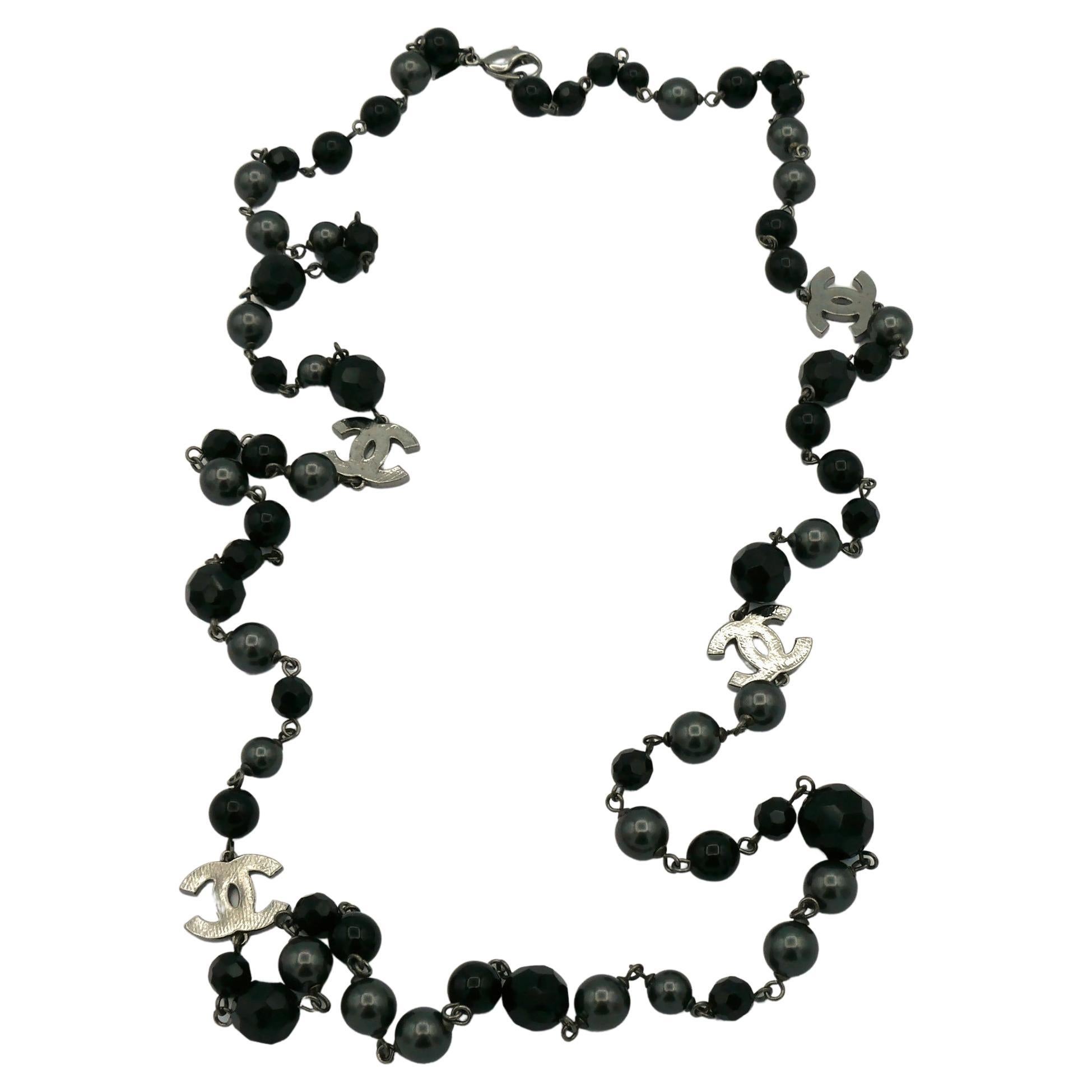 CHANEL by KARL LAGERFELD 2010 Grey Pearl and Black Bead CC Necklace For Sale