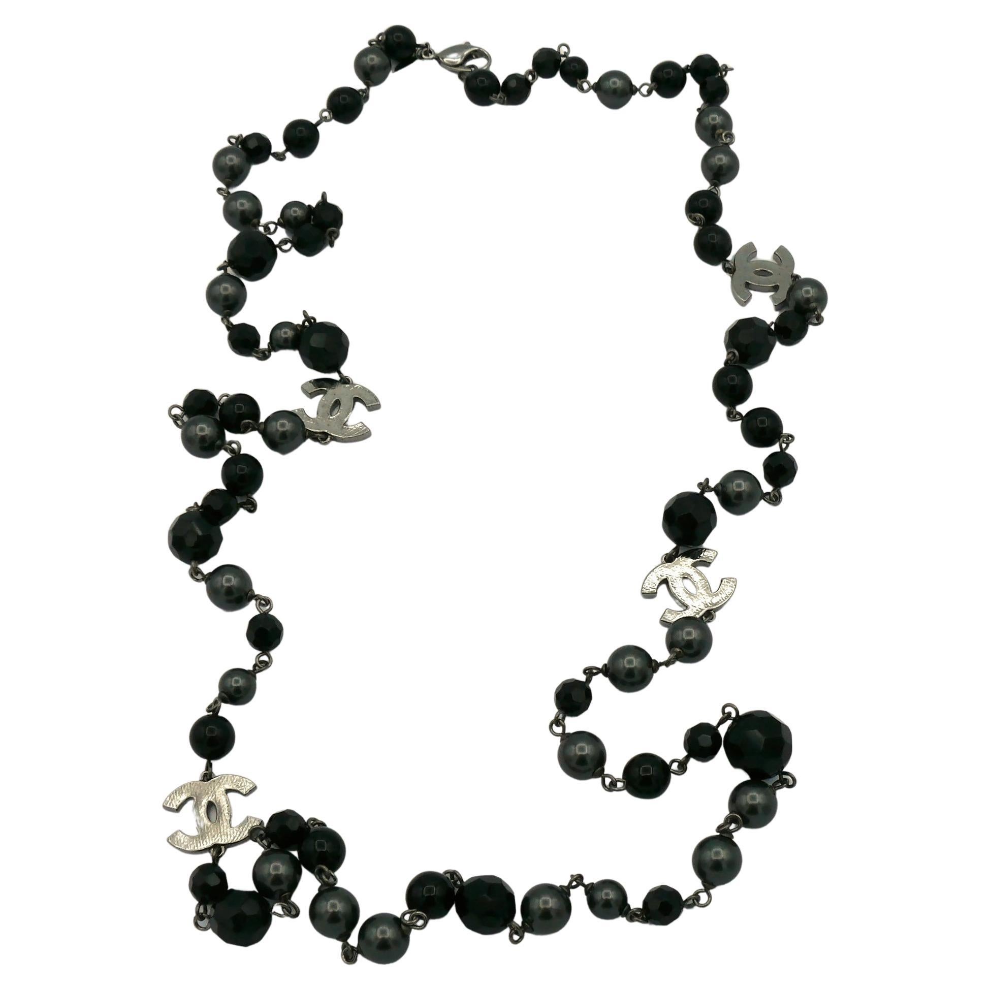 Chanel CC Black Faux Pearl Long Bead Strand Necklace 