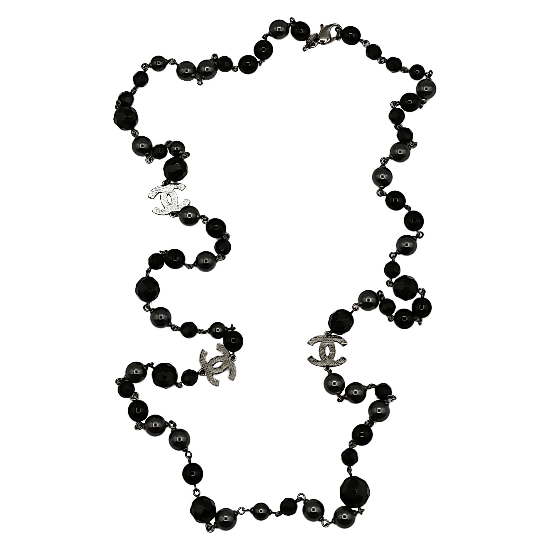 CHANEL by KARL LAGERFELD 2011 Grey Pearl and Black Bead CC Necklace