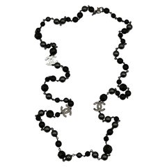 CHANEL by KARL LAGERFELD 2011 Grey Pearl and Black Bead CC Necklace
