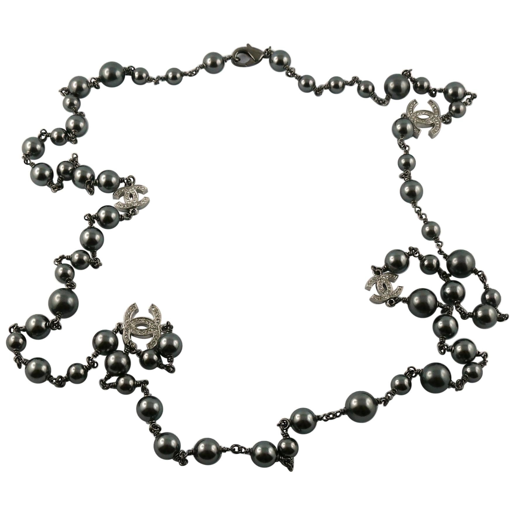 Chanel by Karl Lagerfeld 2018 Hematite Grey Pearl and Diamante CC Logos Necklace
