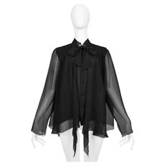 Vintage Chanel By Karl Lagerfeld Black Chiffon Pussy Bow Blouse With Cc Buttons