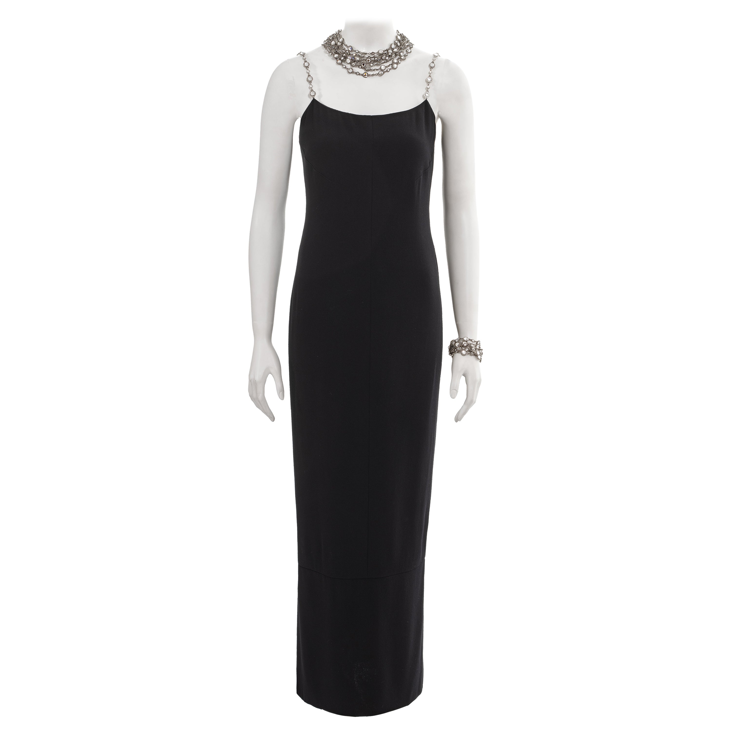Abito da sera nero Chanel by Karl Lagerfeld con parure di gioielli in cristallo, ss 1998
