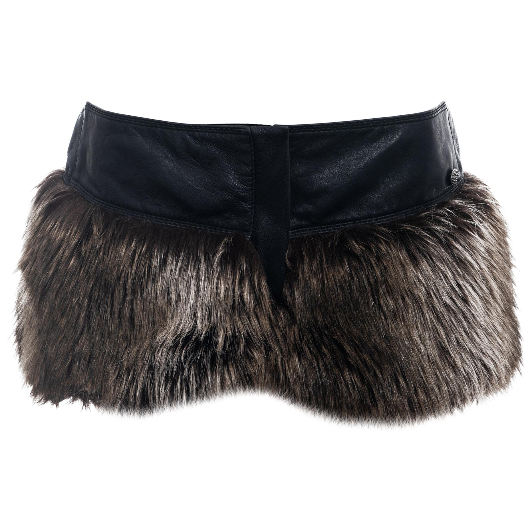 Chanel by Karl Lagerfeld black leather and brown faux fur hot pants, fw 2010