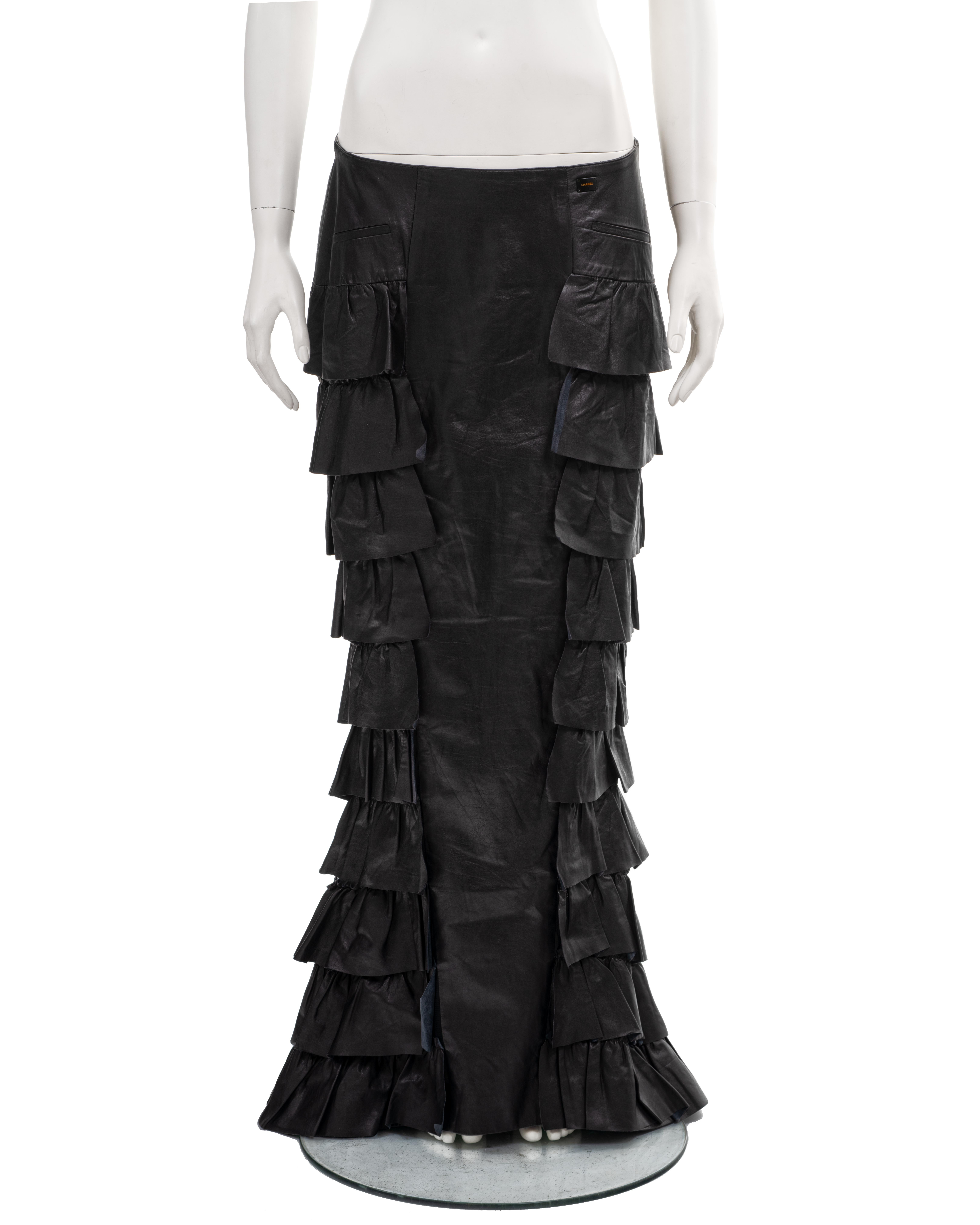 Chanel by Karl Lagerfeld black leather tiered ruffled maxi skirt, fw 2001 In Excellent Condition In London, GB