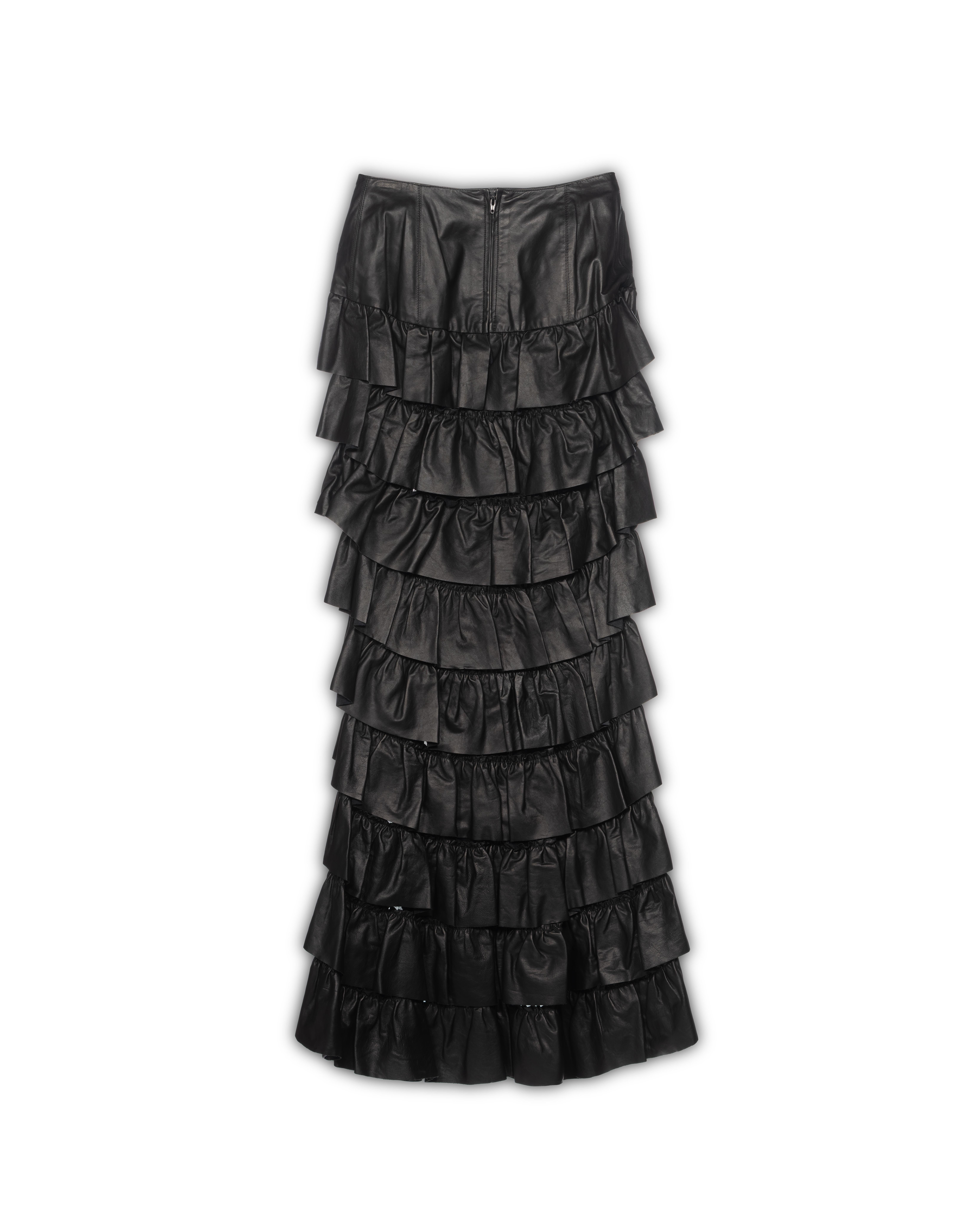 Chanel by Karl Lagerfeld Black Leather Tiered Ruffled Maxi Skirt, FW 2001 In Good Condition For Sale In London, GB