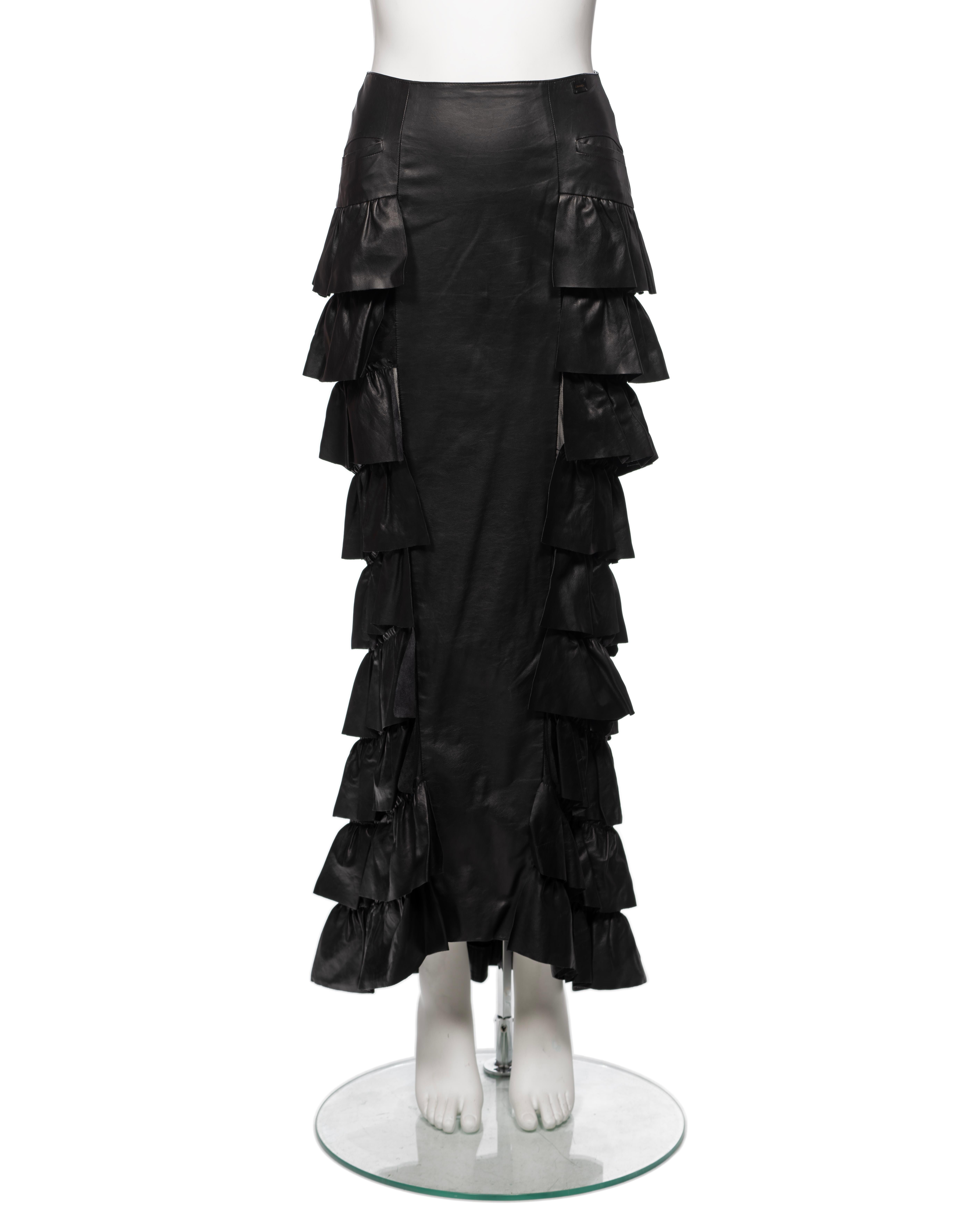Women's Chanel by Karl Lagerfeld Black Leather Tiered Ruffled Maxi Skirt, FW 2001 For Sale