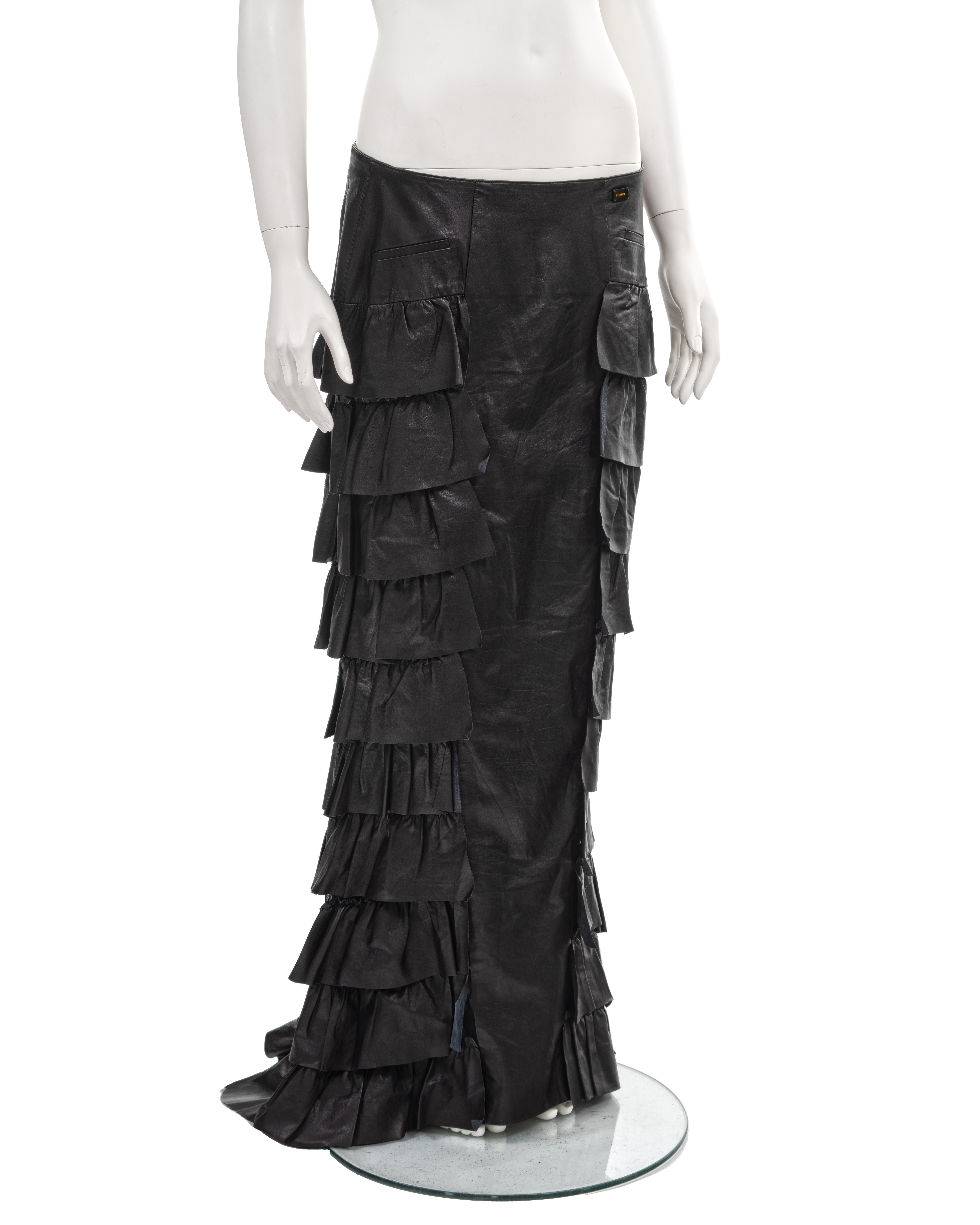 Chanel by Karl Lagerfeld black leather tiered ruffled maxi skirt, fw 2001 1