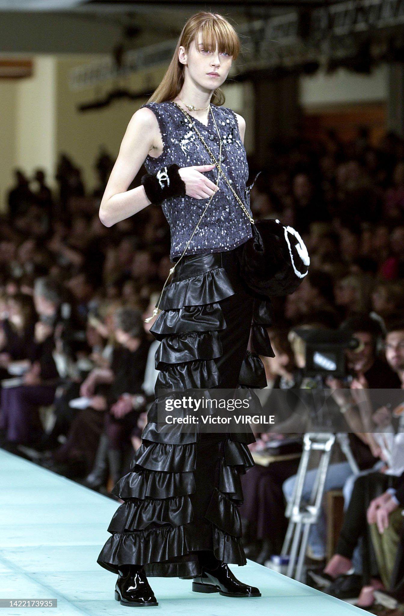 Chanel by Karl Lagerfeld Black Leather Tiered Ruffled Maxi Skirt, FW 2001 For Sale 1