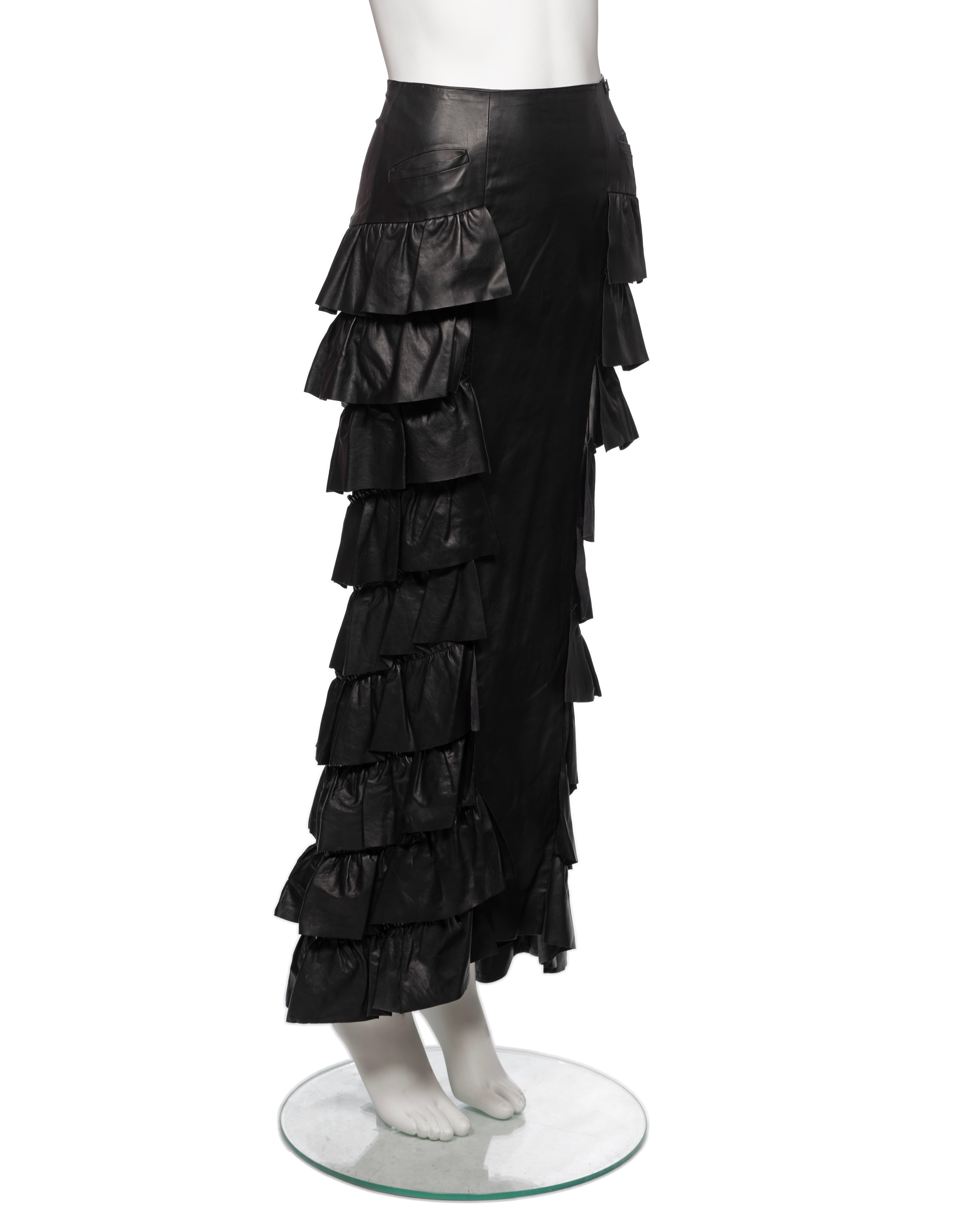Chanel by Karl Lagerfeld Black Leather Tiered Ruffled Maxi Skirt, FW 2001 For Sale 2