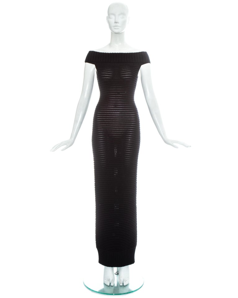Chanel by Karl Lagerfeld black ribbed knit off shoulder maxi dress, ss 2009  For Sale at 1stDibs | chanel off shoulder dress