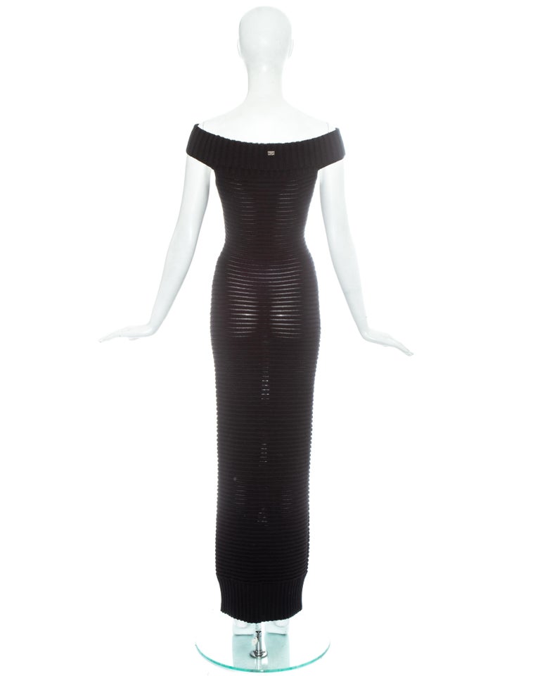 Chanel by Karl Lagerfeld black ribbed knit off shoulder maxi dress, ss ...