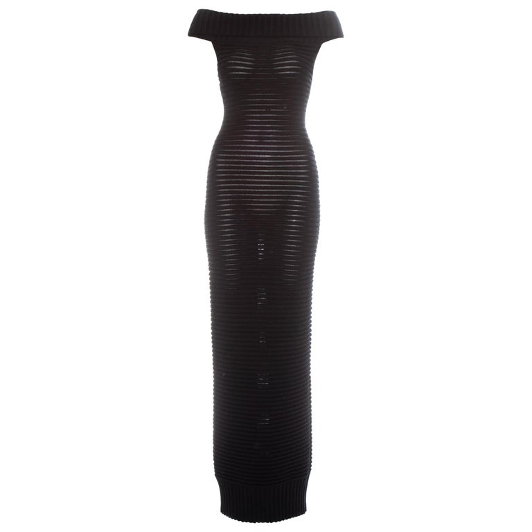 Chanel by Karl Lagerfeld black ribbed knit off shoulder maxi dress, ss 2009  For Sale at 1stDibs