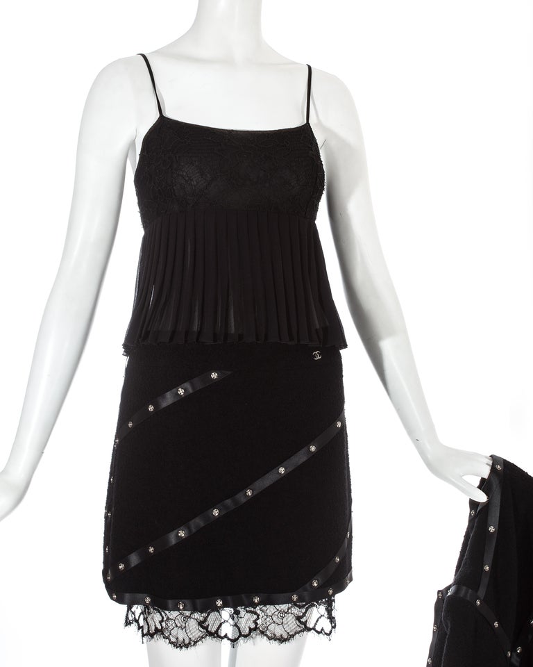 Cruise 2003 Chanel by Karl Lagerfeld Black Boucle Suit w Loop Wool Edging
