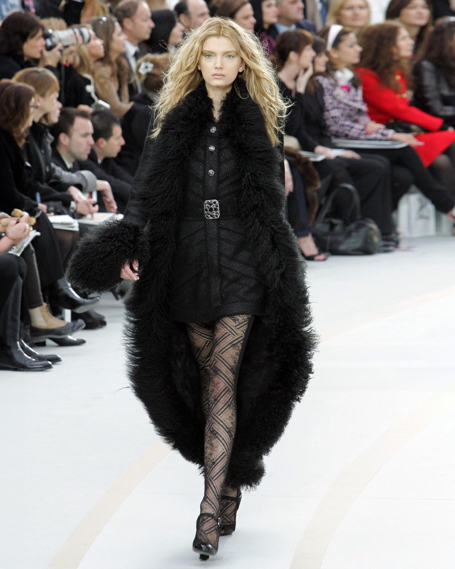 Chanel by Karl Lagerfeld Black Tweed Wool and Tibetan Lamb Fur Coat, fw 2008 In Excellent Condition In London, GB