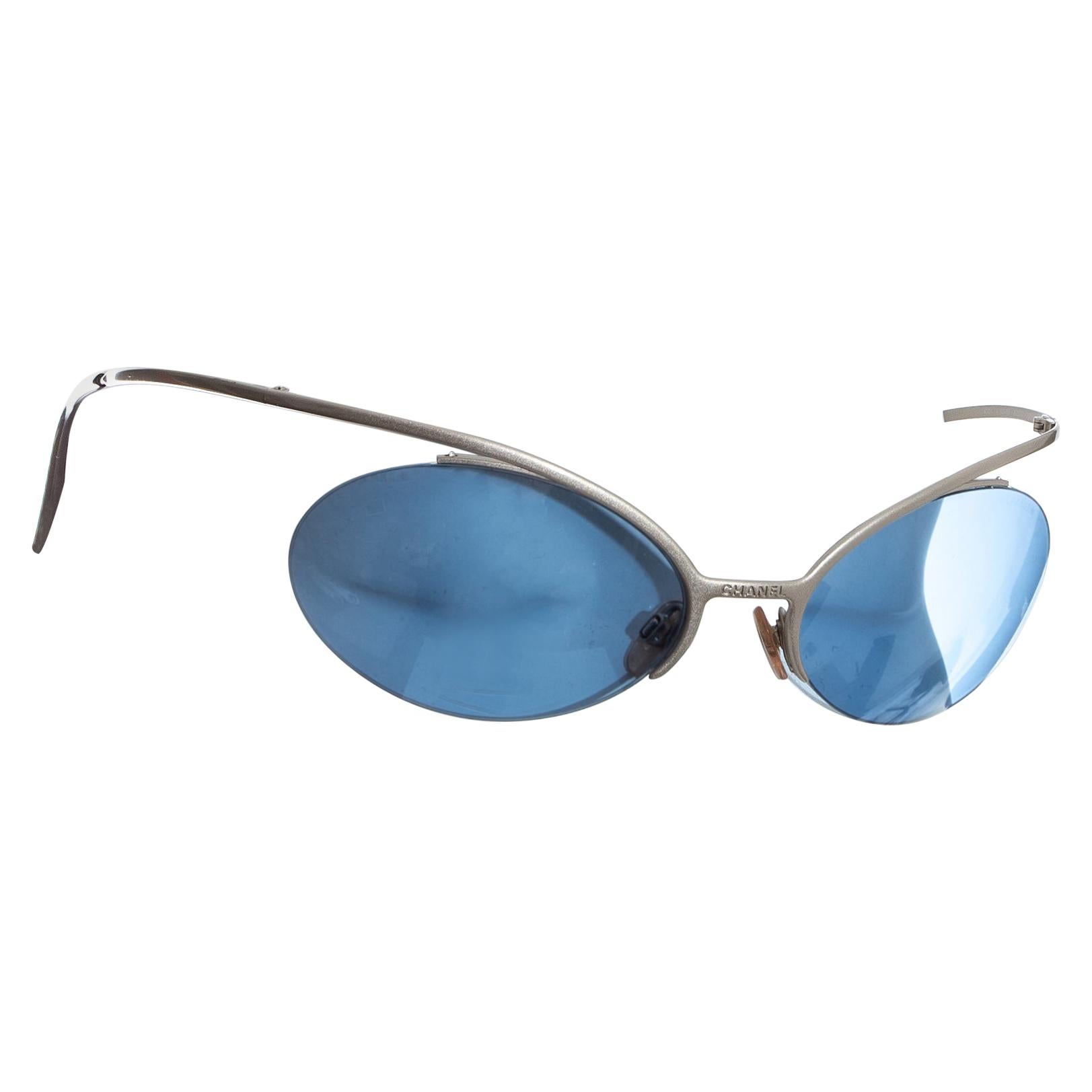 Chanel by Karl Lagerfeld blue lens silver sunglasses, ss 2000 For Sale