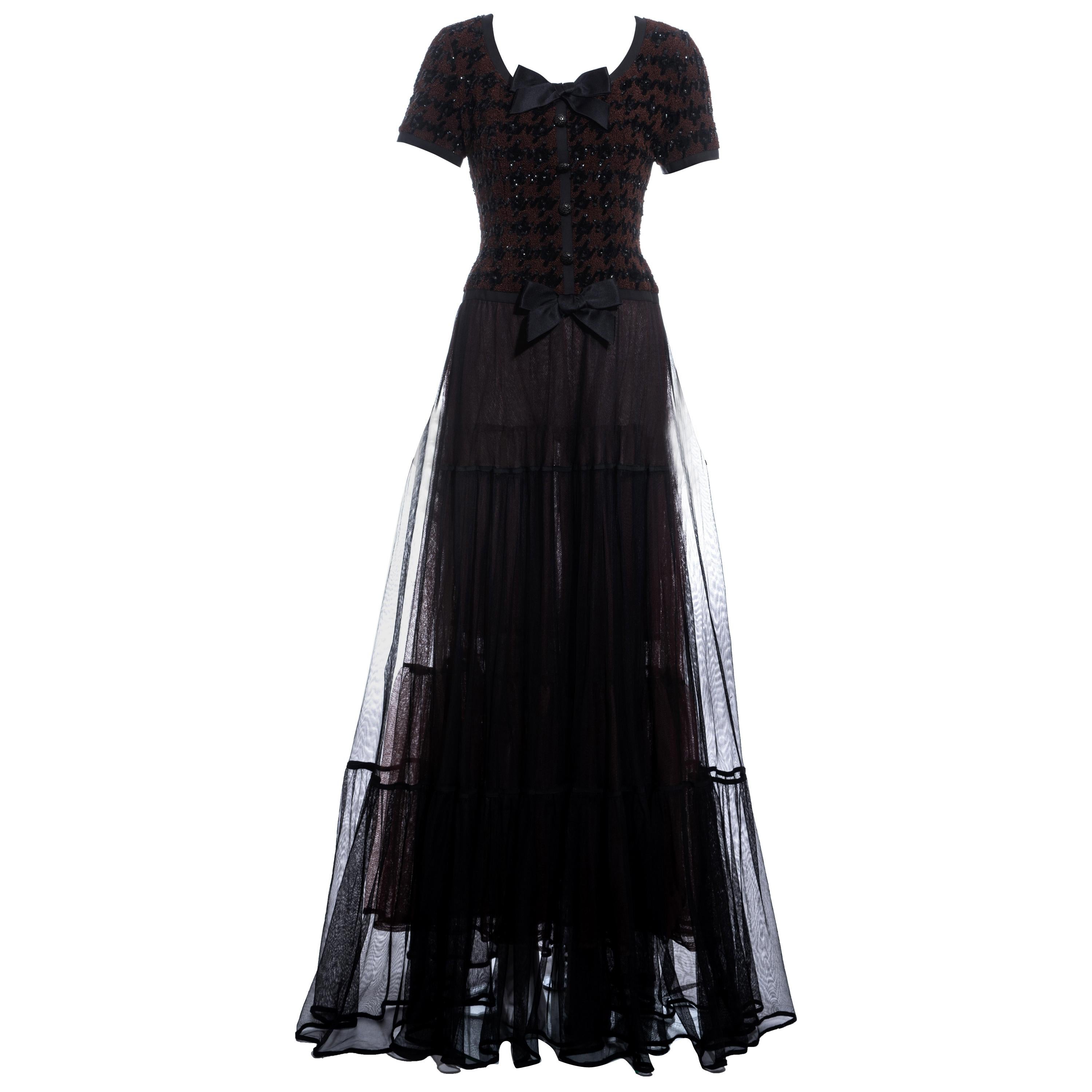 Chanel by Karl Lagerfeld brown and black tweed and tulle sequin dress, fw  1991 at 1stDibs