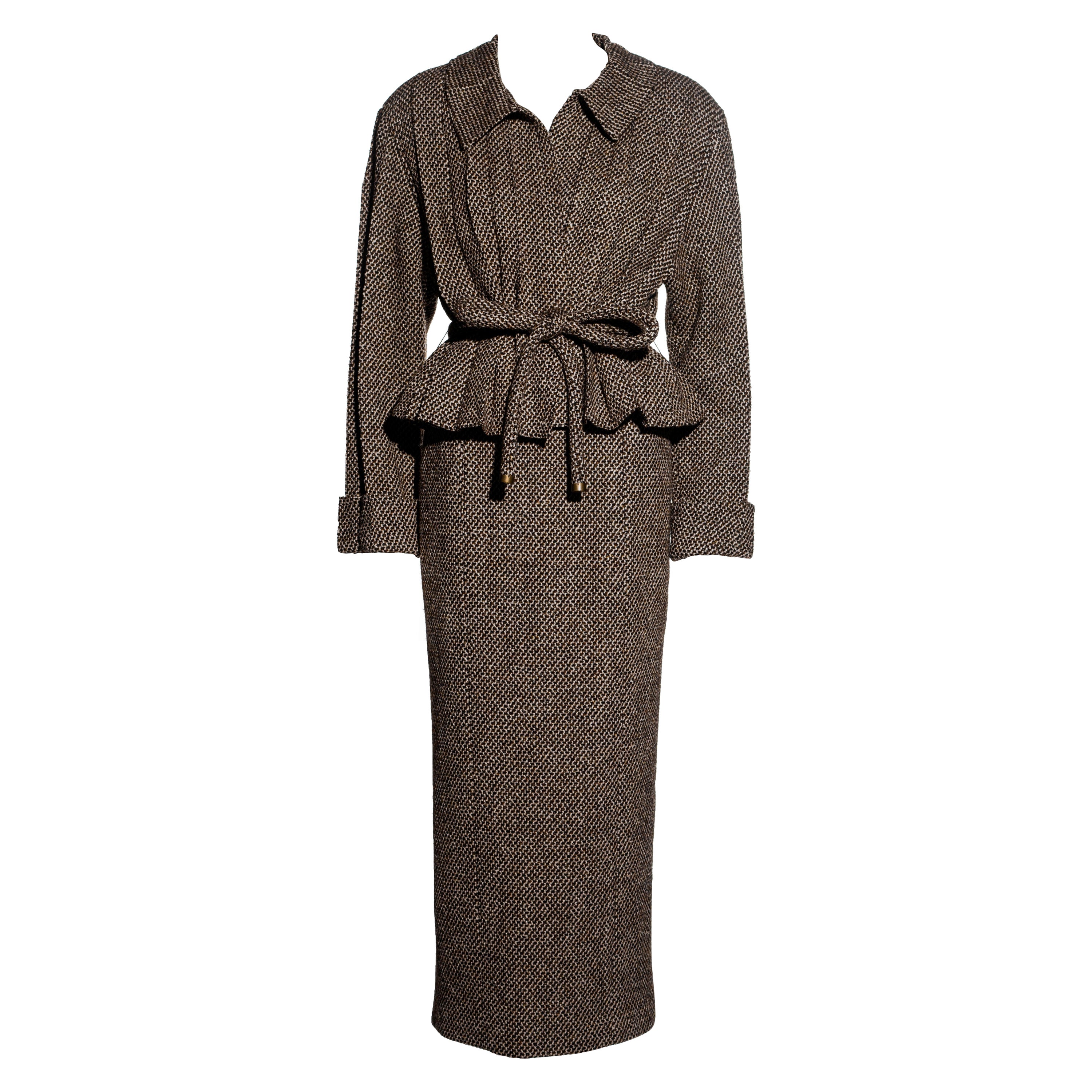 Chanel by Karl Lagerfeld traje de chaqueta plisada de tweed marrón y falda maxi, fw 1998