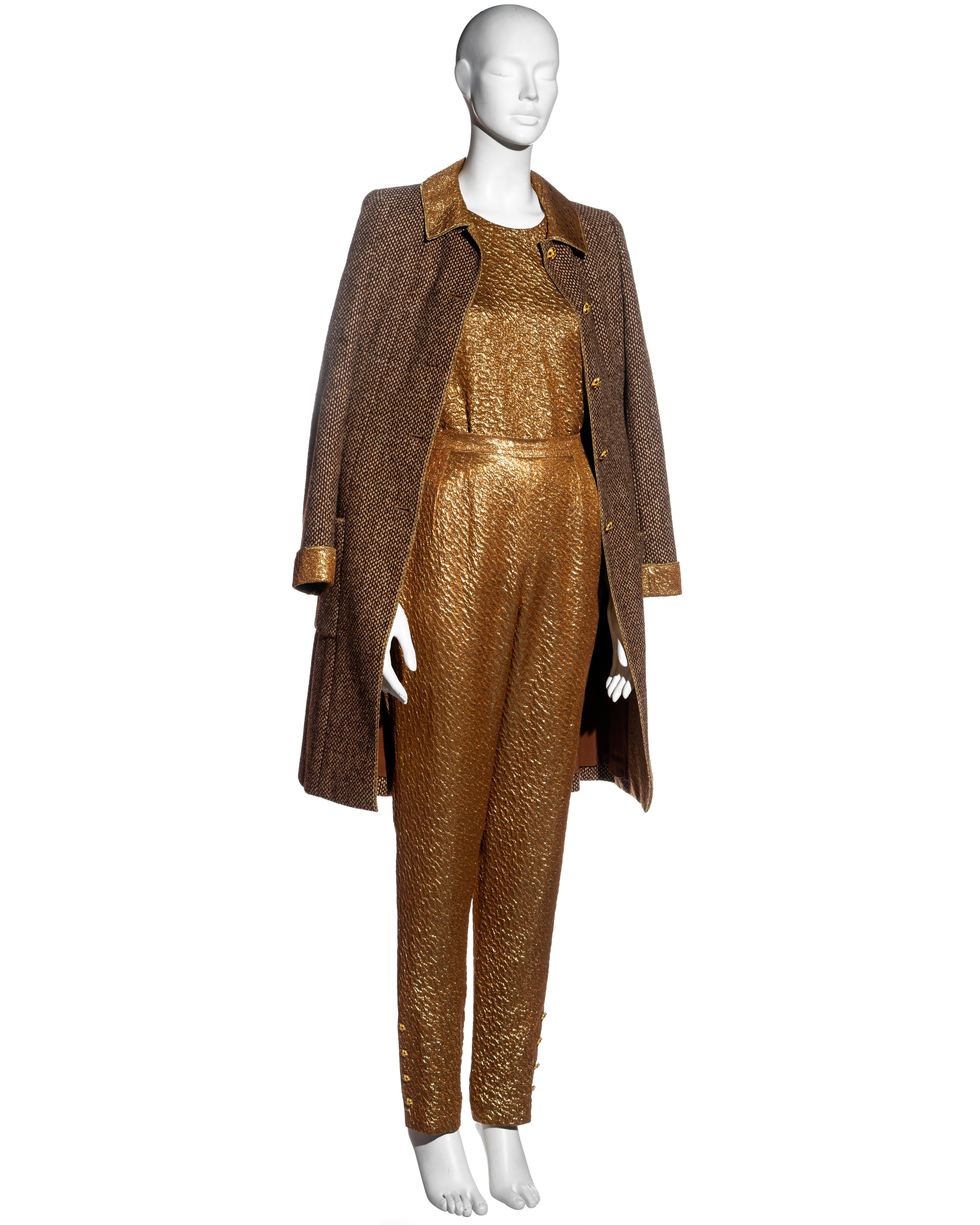 Costume 3 pièces en laine marron et lurex de soie dorée Chanel by Karl Lagerfeld, automne-hiver 1996 en vente 1