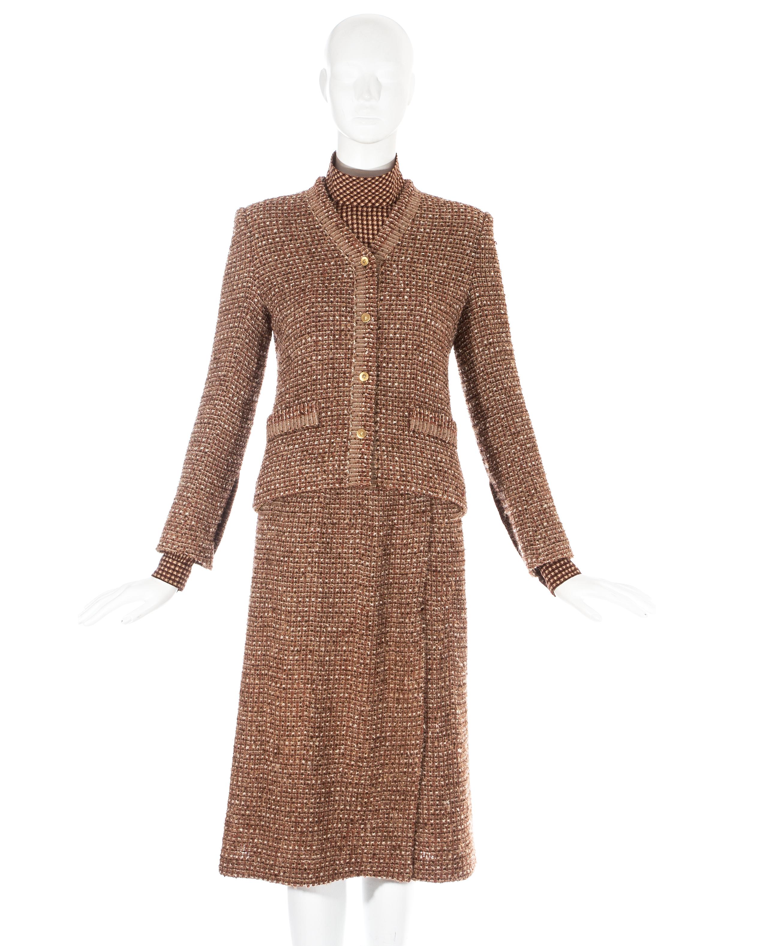 Chanel  brown wool tweed 3 piece skirt suit. Jacket with gold lion buttons, silk lining with interior gold chain hem. Matching below the knee skirt.