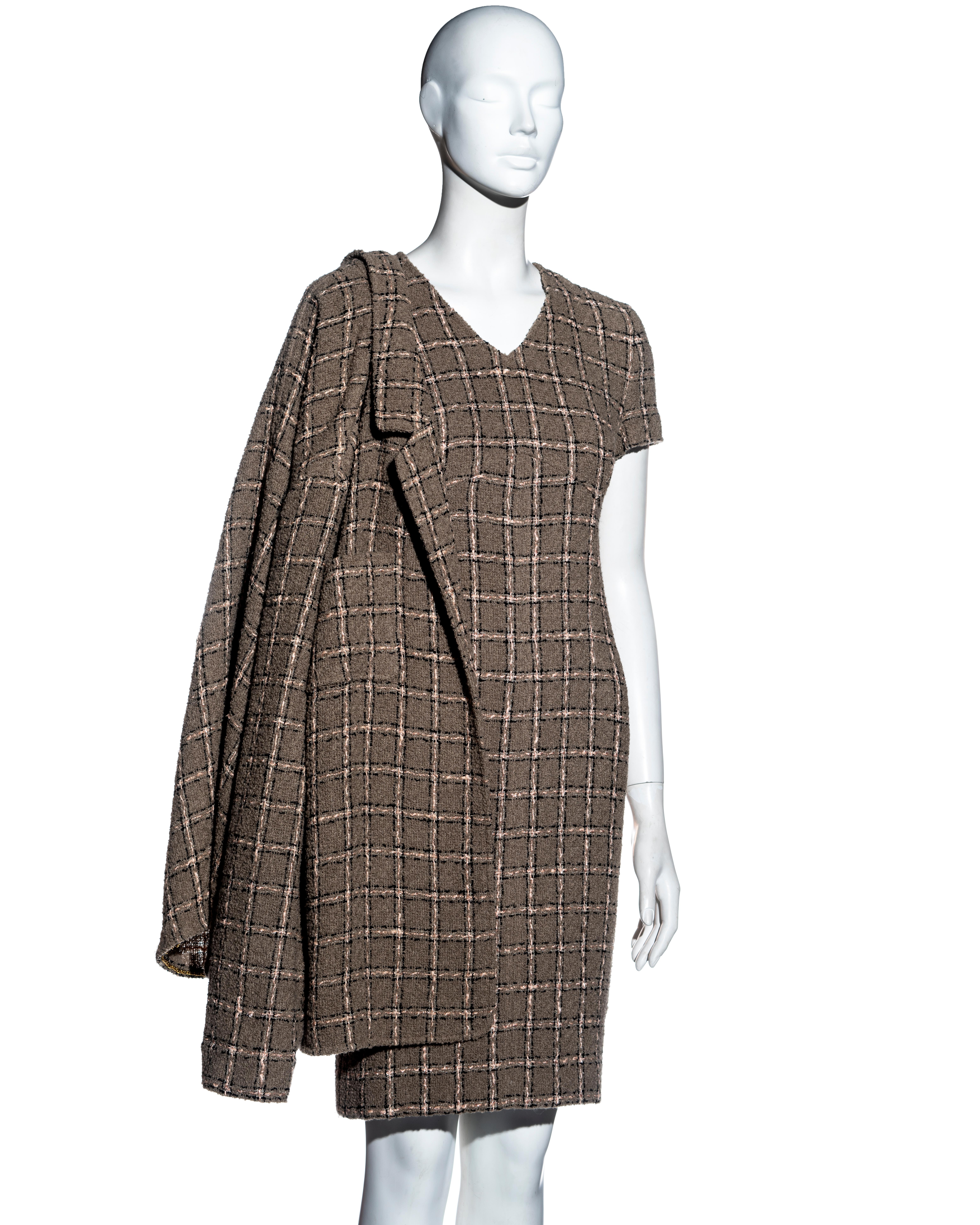 ▪ Chanel taupe and pink checked bouclé wool dress and jacket set
▪ Designed by Karl Lagerfeld
▪ Mid-length sheath dress with short-sleeves and v-neck 
▪ Back vent with gold 'CC' buttons 
▪ Silk lining
▪ Unlined loose-cut jacket with open front 
▪