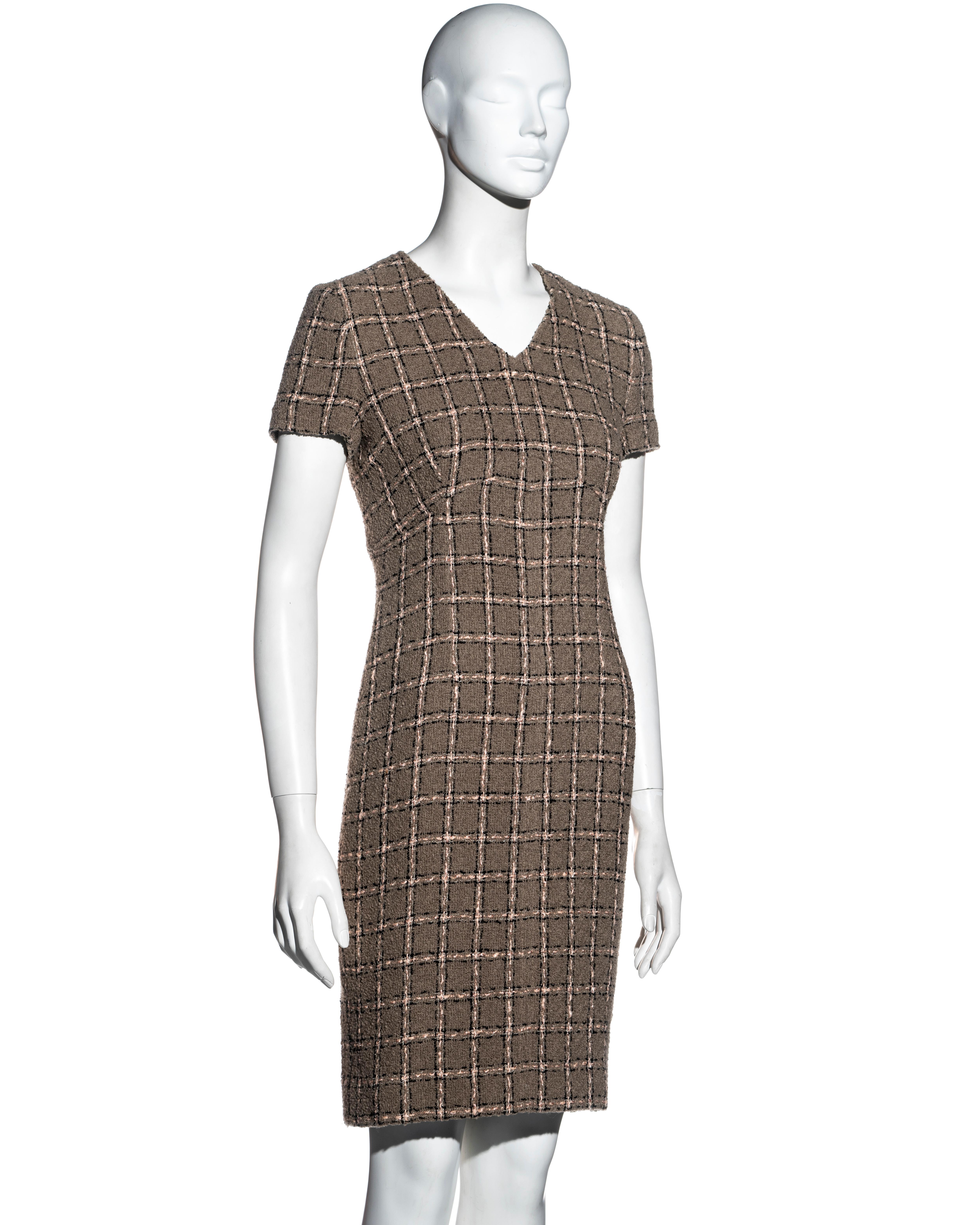 Women's Chanel by Karl Lagerfeld checked taupe bouclé wool dress and jacket set, fw 1995 For Sale