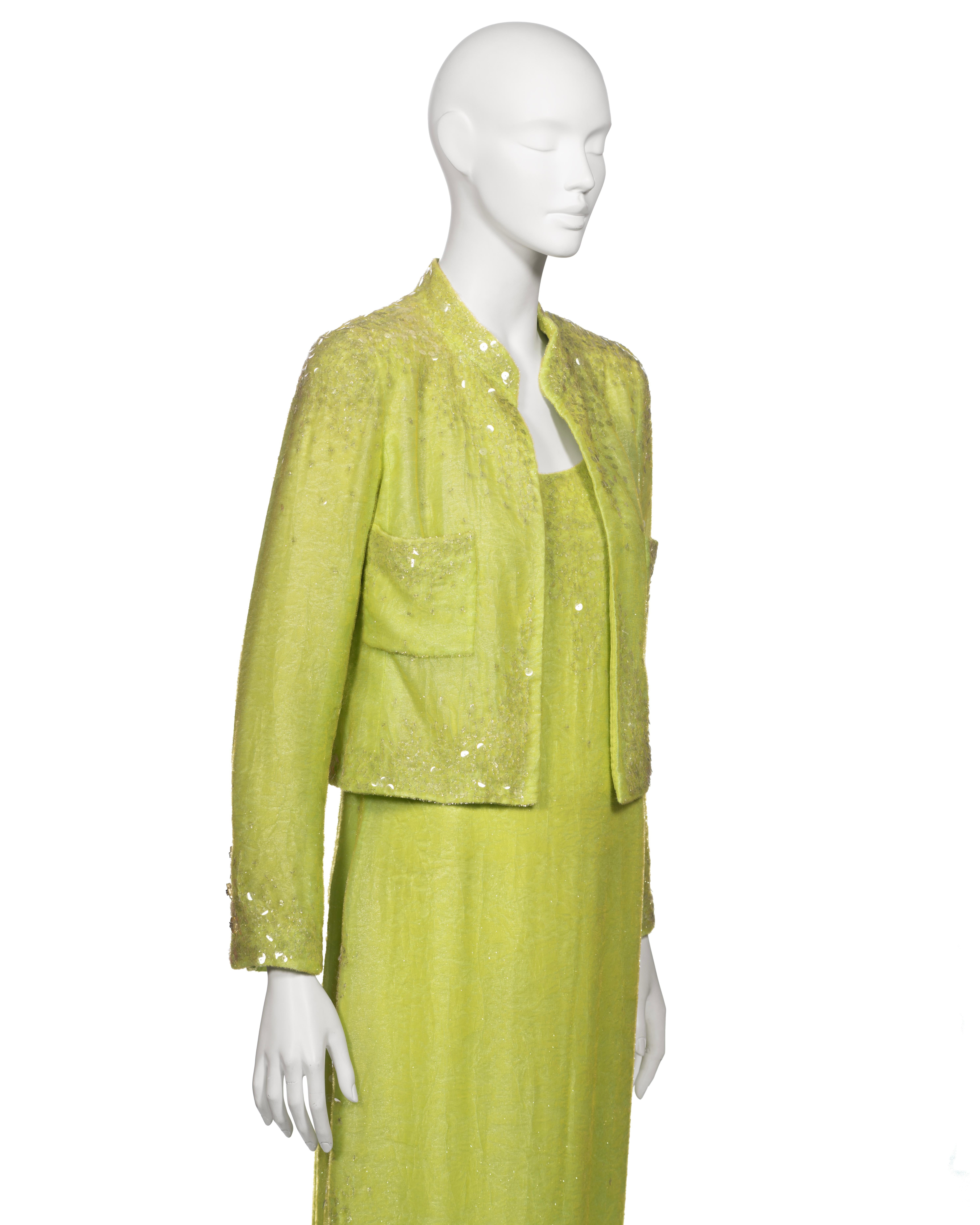 Chanel by Karl Lagerfeld Embellished Lime Green Velvet Dress and Jacket, ss 1997 For Sale 6