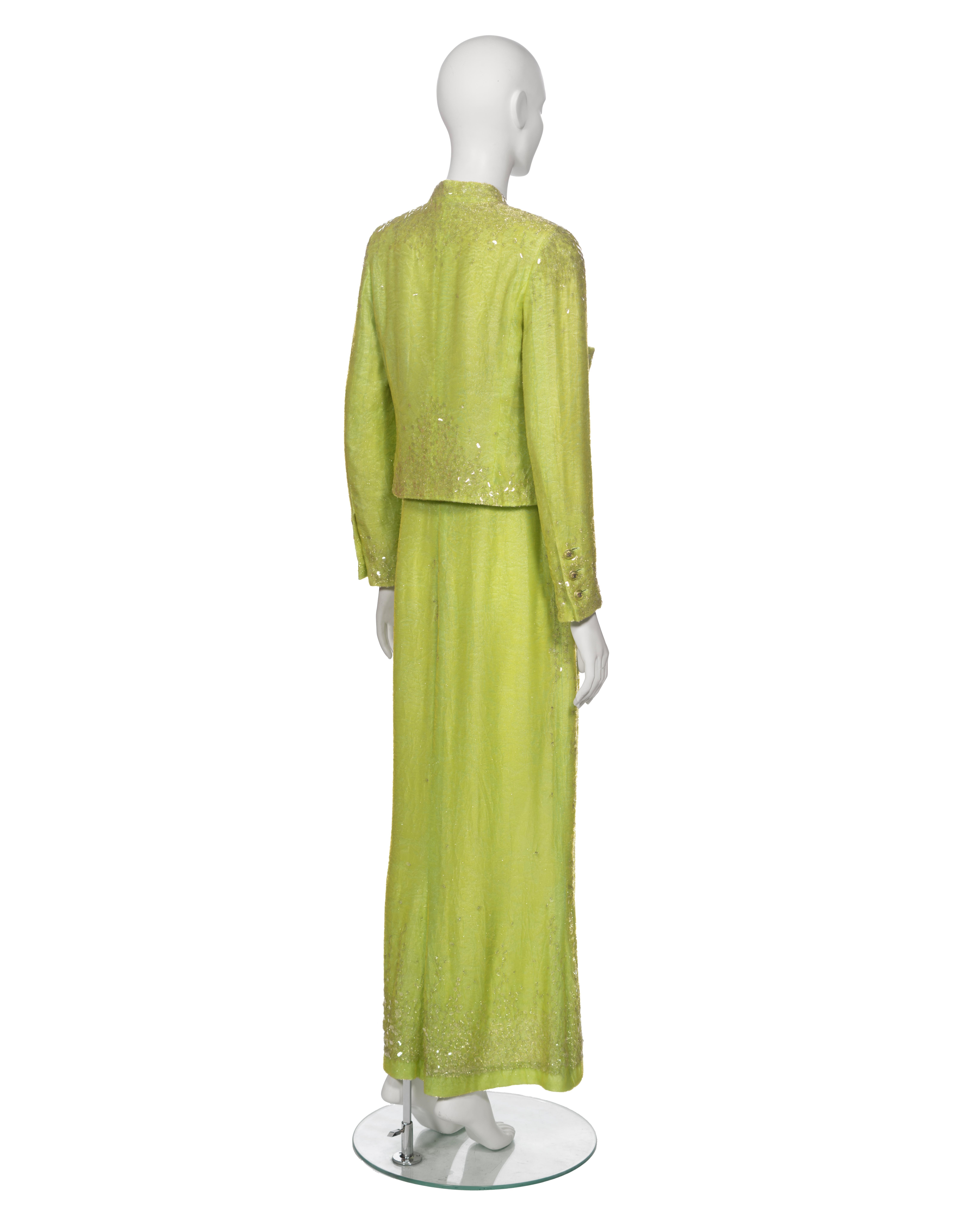 Chanel by Karl Lagerfeld Embellished Lime Green Velvet Dress and Jacket, ss 1997 For Sale 9
