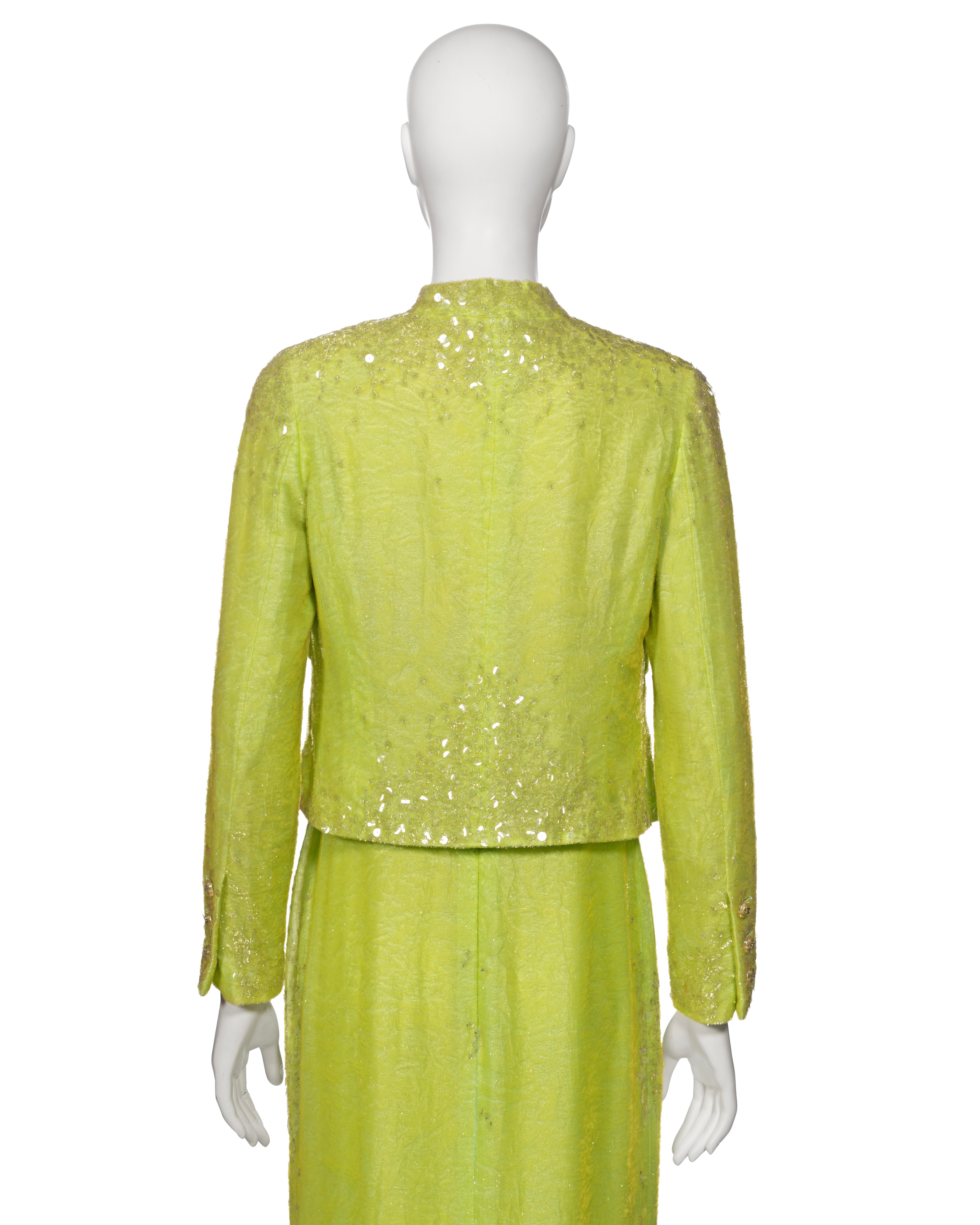 Chanel by Karl Lagerfeld Embellished Lime Green Velvet Dress and Jacket, ss 1997 For Sale 14