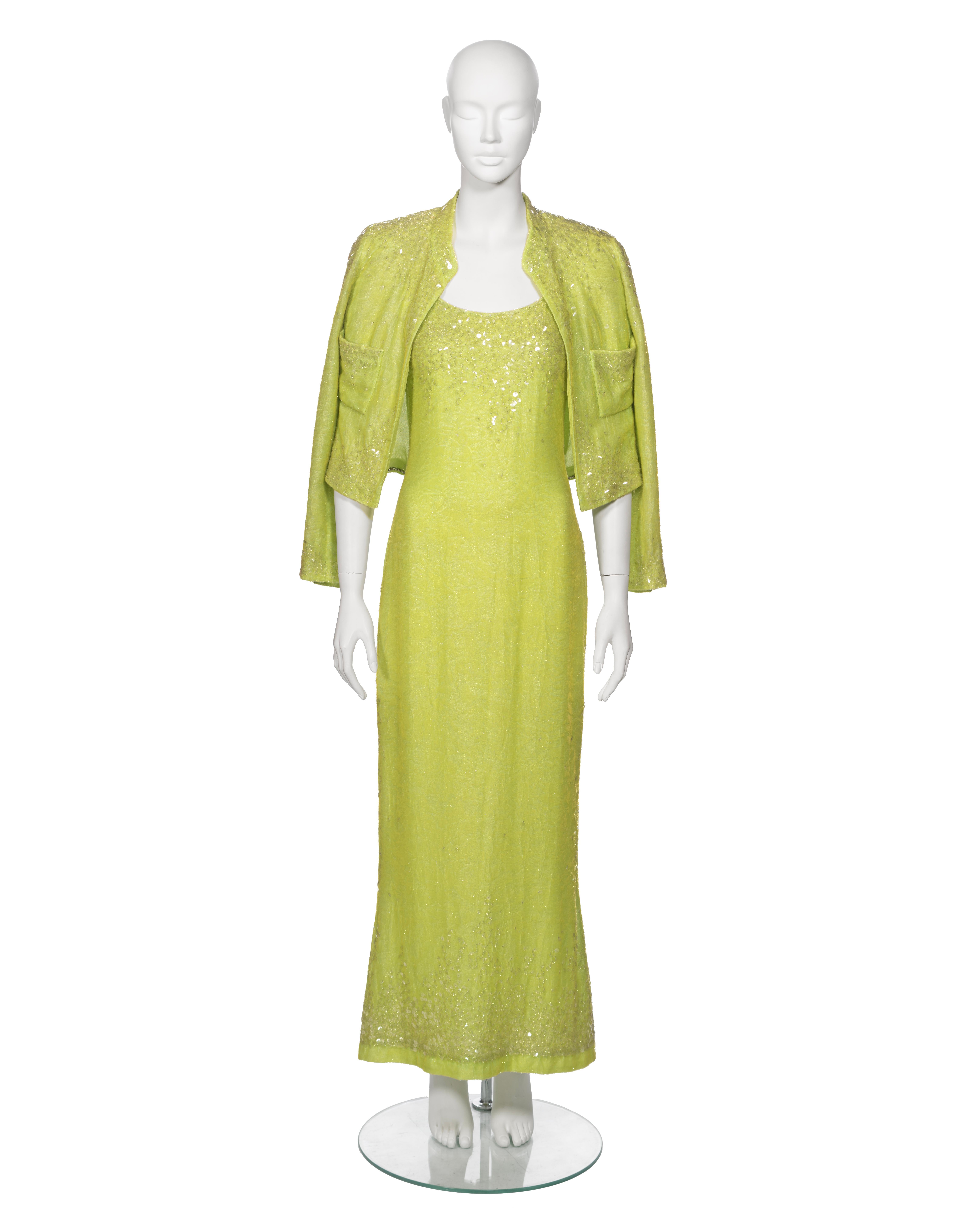 ▪  Archival Chanel Evening Ensemble 
▪ Creative Director: Karl Lagerfeld
▪ Spring-Summer 1997
▪ Exquisitely crafted from plush lime green velvet, adorned with clear sequins 
▪ Maxi dress features a flattering scoop neckline, delicate spaghetti