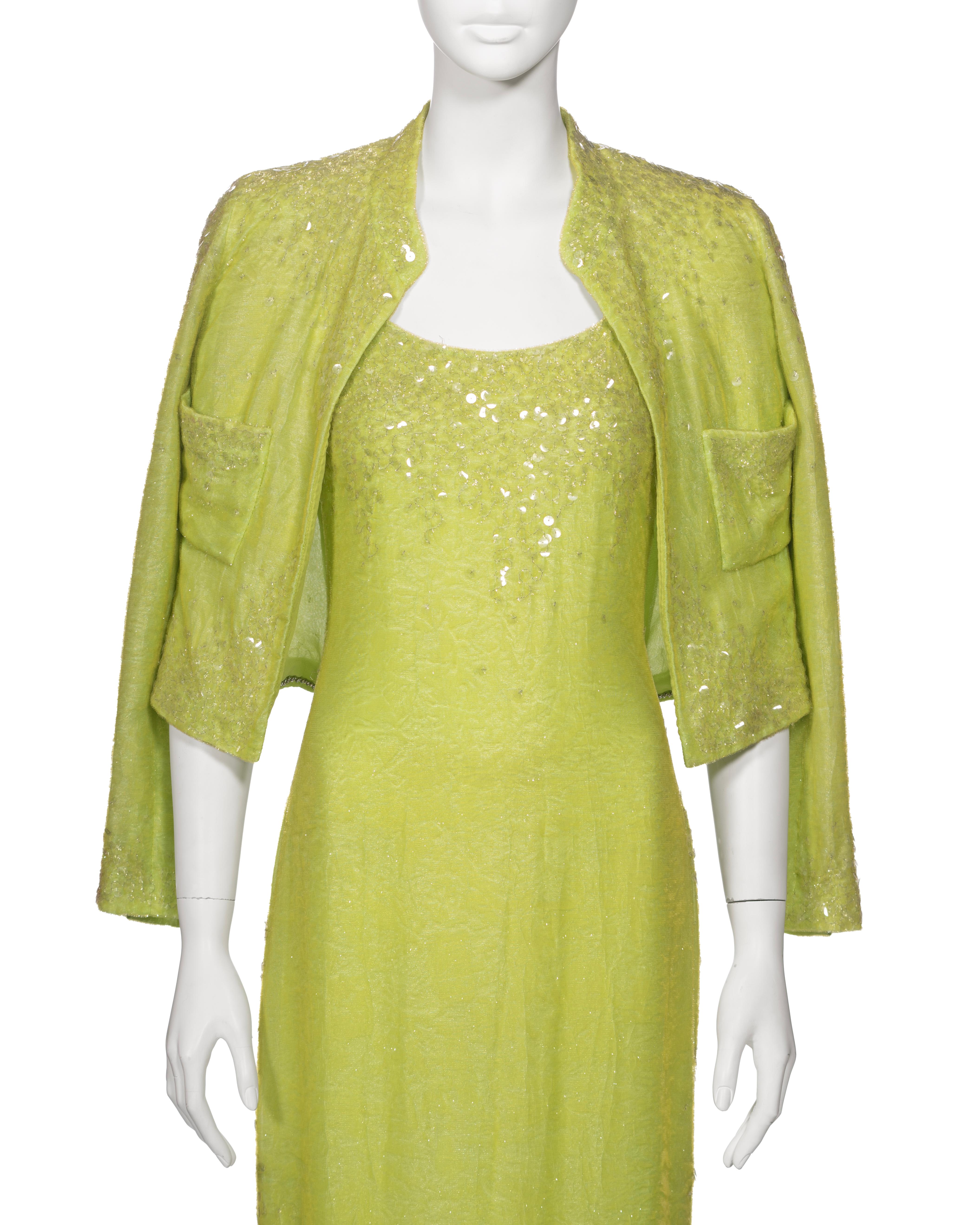 Chanel by Karl Lagerfeld Embellished Lime Green Velvet Dress and Jacket, ss 1997 In Good Condition For Sale In London, GB