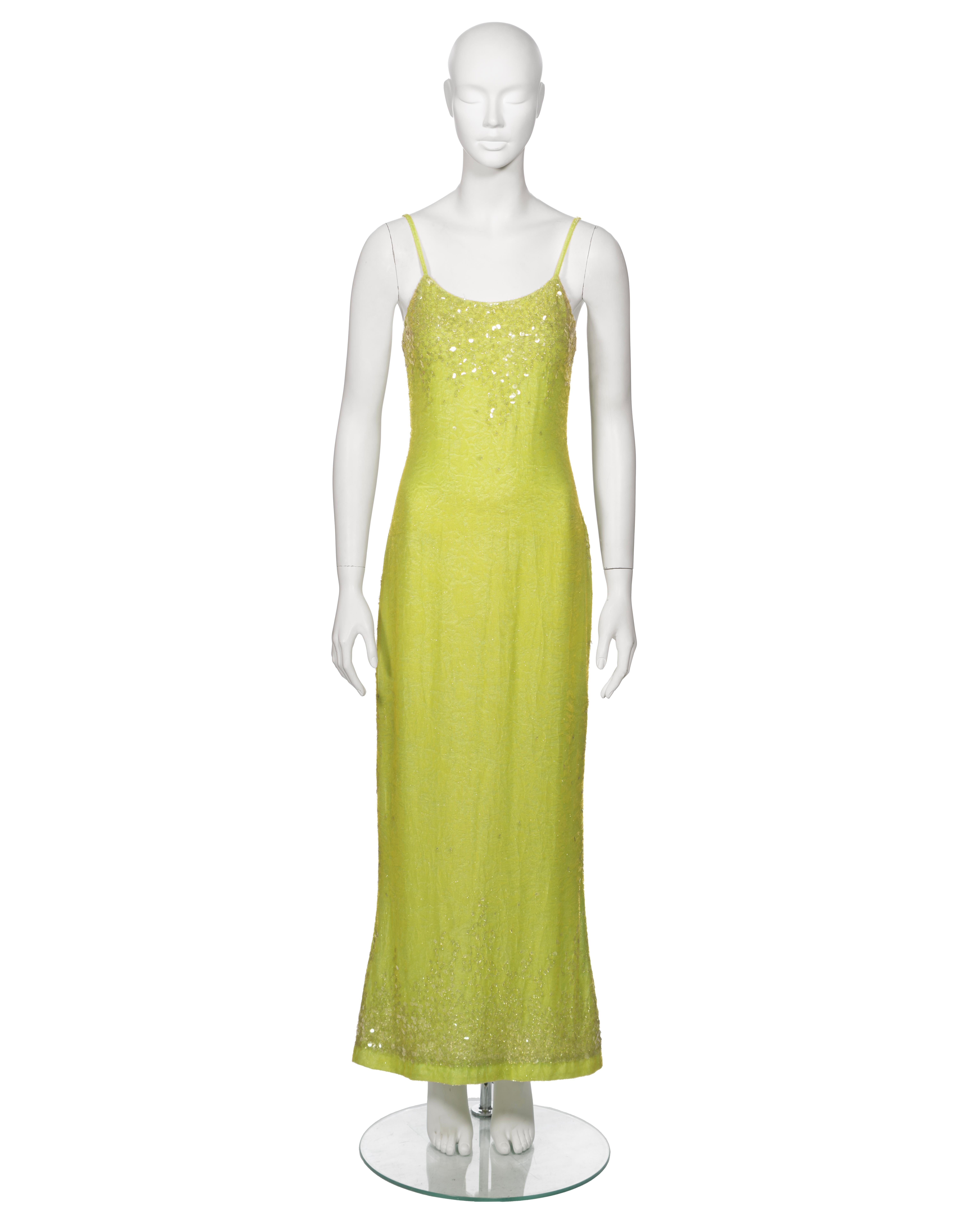 Women's Chanel by Karl Lagerfeld Embellished Lime Green Velvet Dress and Jacket, ss 1997 For Sale