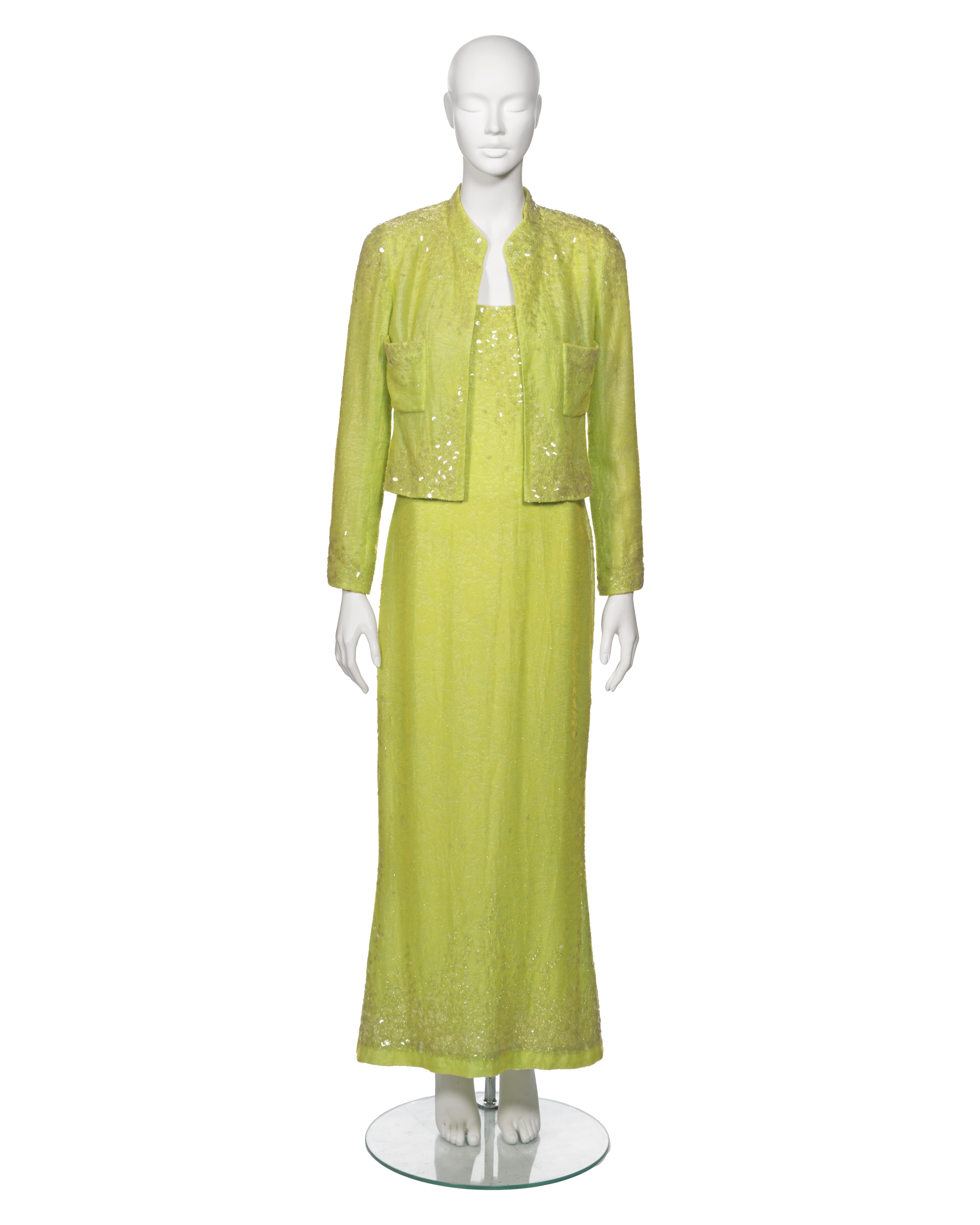 Chanel by Karl Lagerfeld Embellished Lime Green Velvet Dress and Jacket, ss 1997 For Sale 3