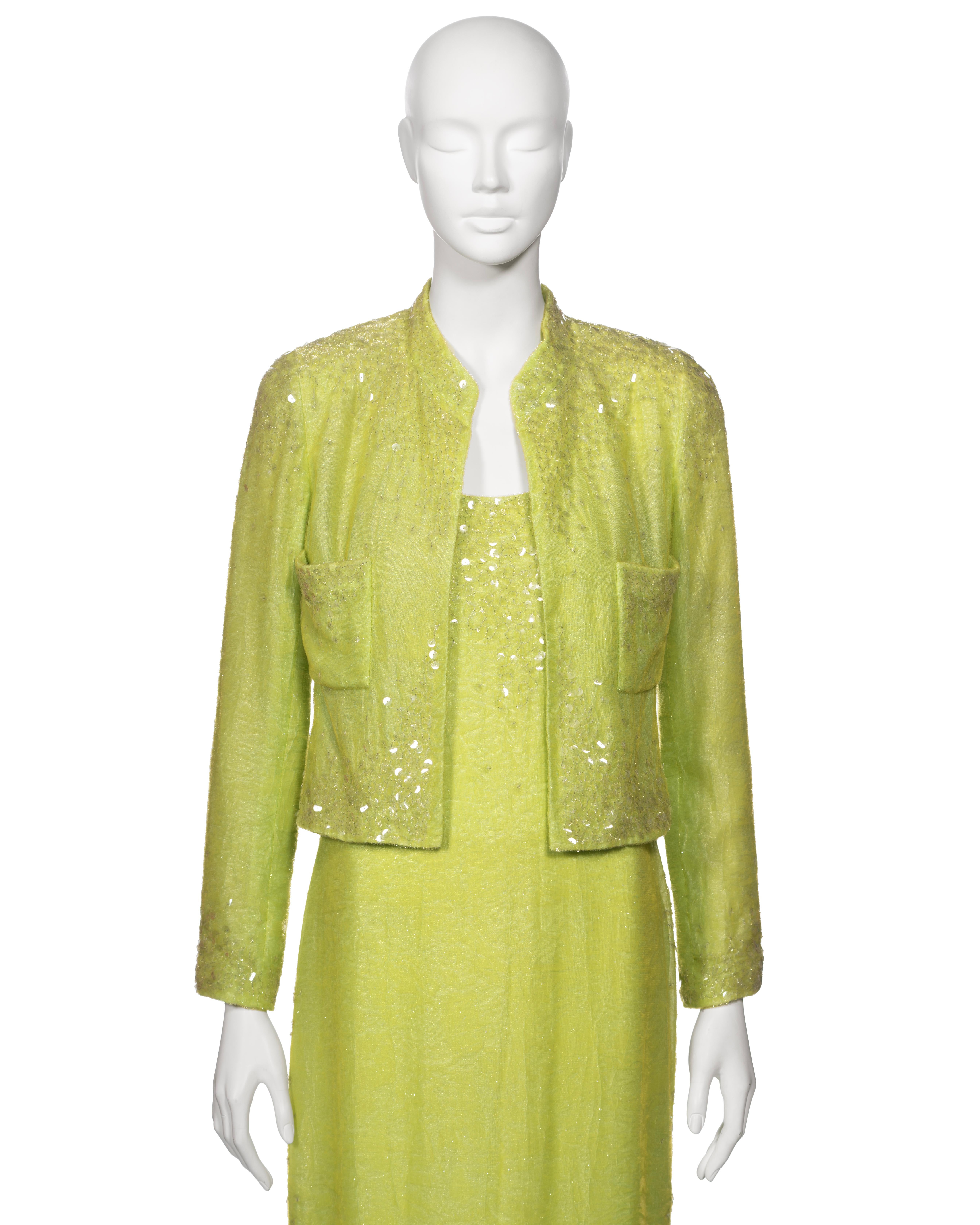 Chanel by Karl Lagerfeld Embellished Lime Green Velvet Dress and Jacket, ss 1997 For Sale 4