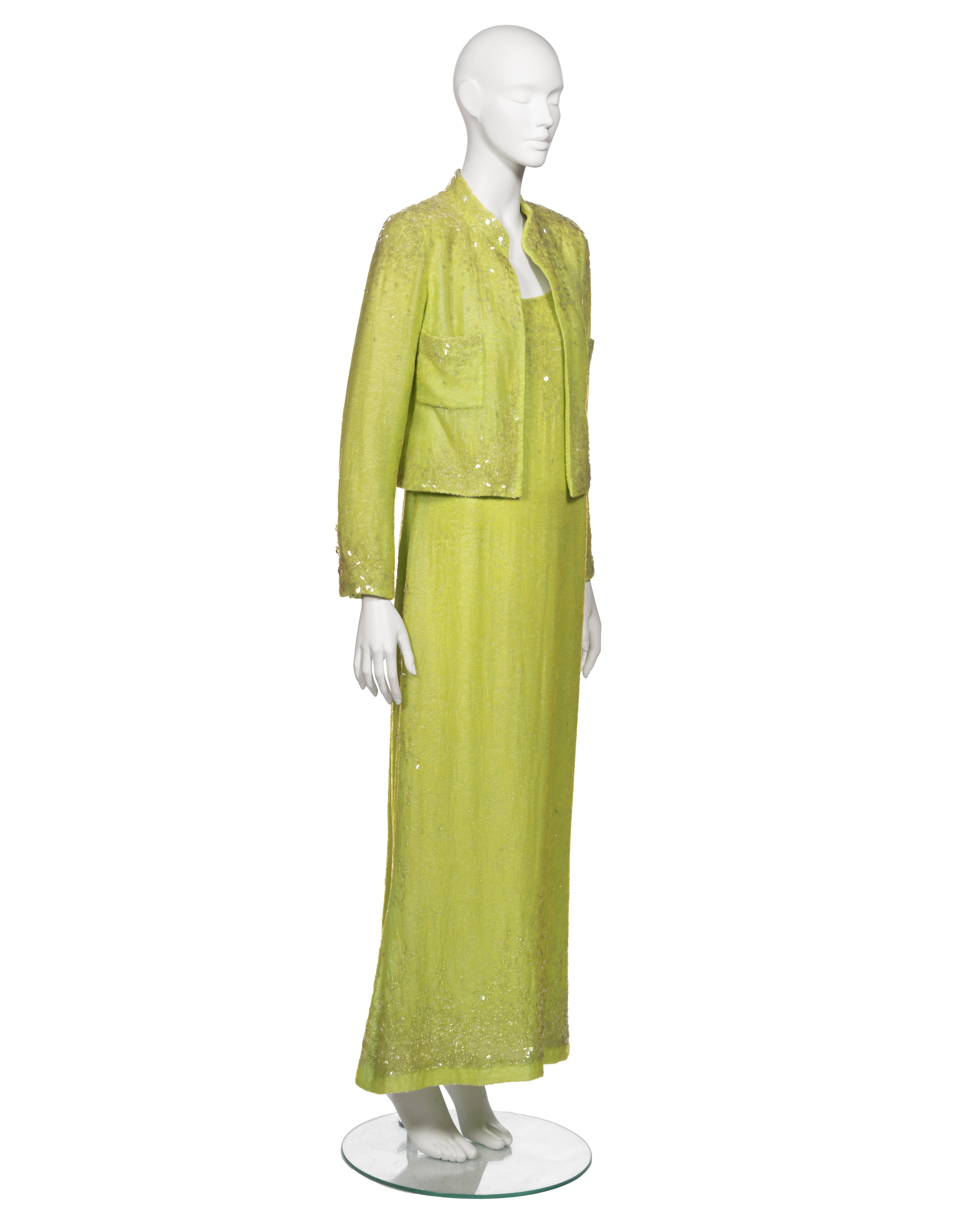 Chanel by Karl Lagerfeld Embellished Lime Green Velvet Dress and Jacket, ss 1997 For Sale 5