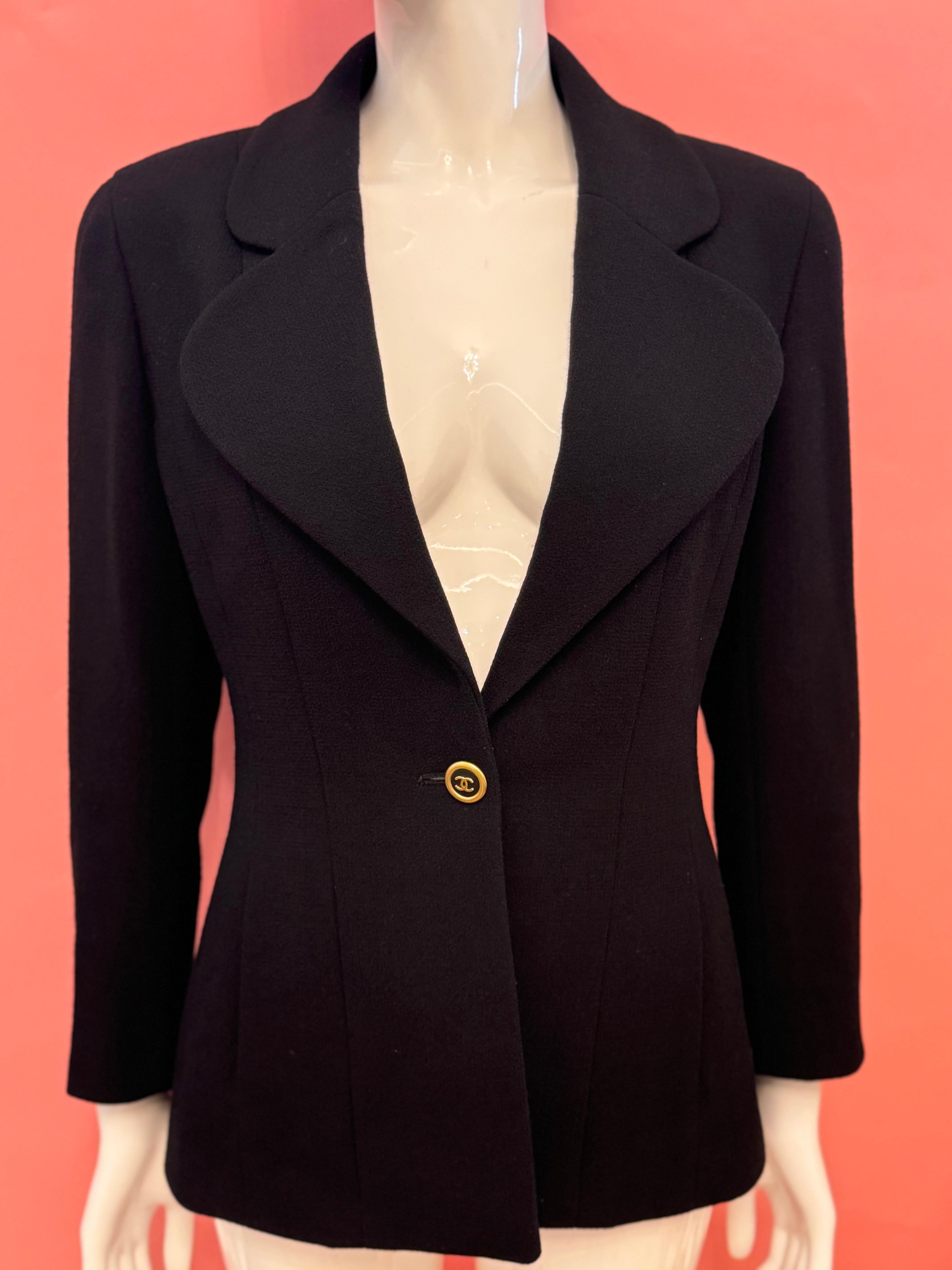 Chanel by Karl Lagerfeld F/W 1994 black jacket logo buttons For Sale 3