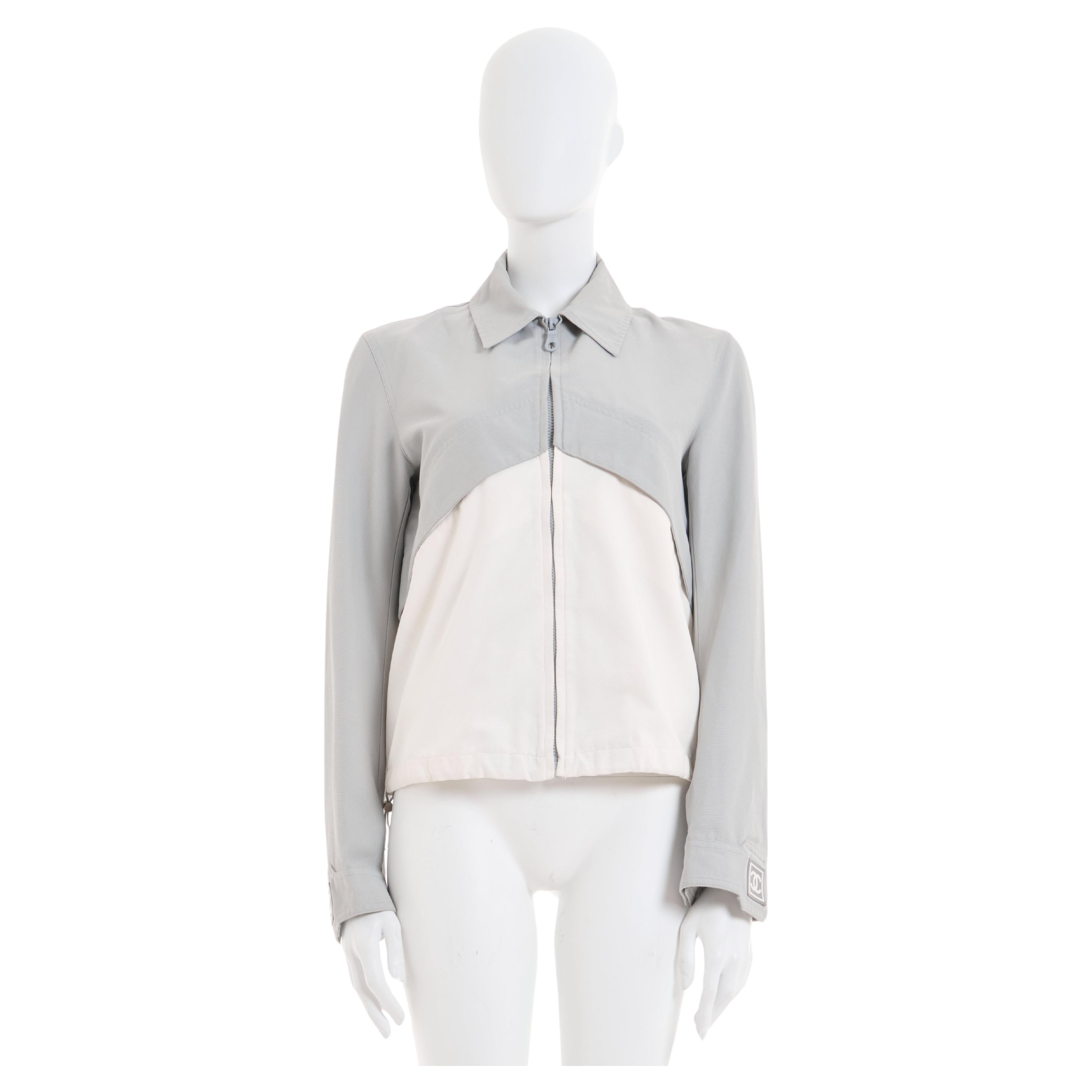 Chanel by Karl Lagerfeld F/W 2001 Dove gray and white zip-up sport jacket  For Sale