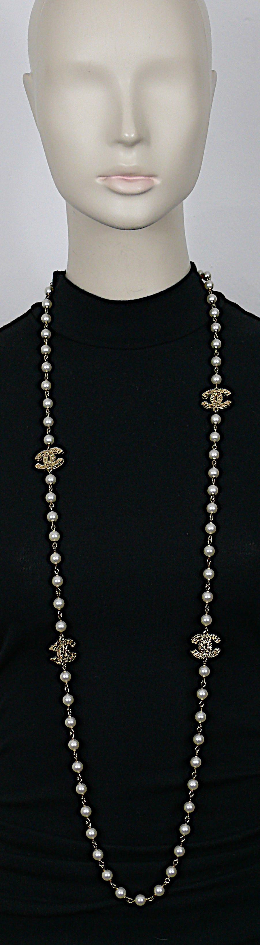 CHANEL by KARL LAGERFELD gold tone faux pearl necklace featuring 4 CC logos.

From the Fall 2008 Collection.

Lobster clasp closure.

Embossed CHANEL 08A Made in France.

Indicative measurements : length approx. 117 cm (46.06 inches) / CC logo