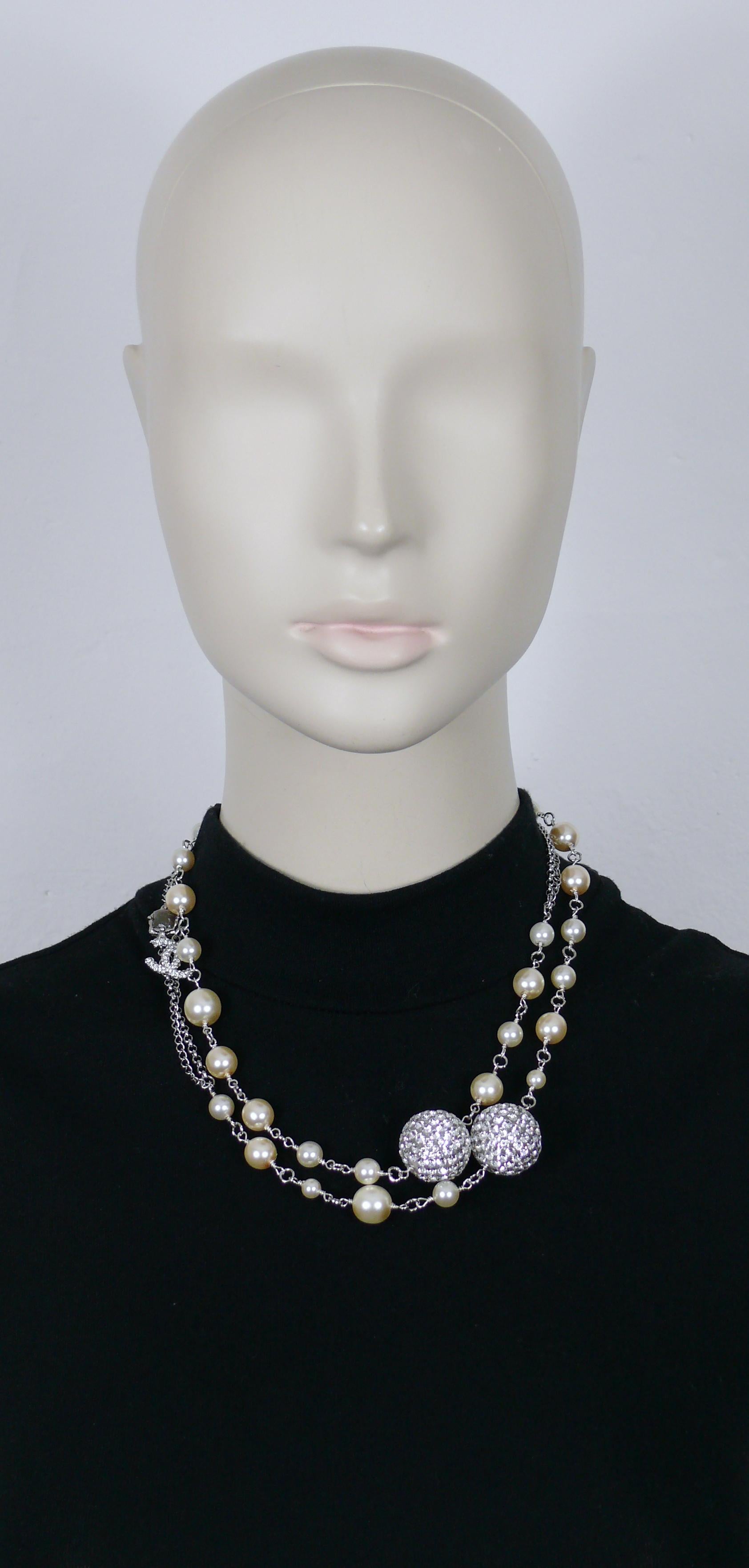 Women's CHANEL by KARL LAGERFELD Faux Pearl Crystal Balls CC Logo Necklace, 2014 For Sale