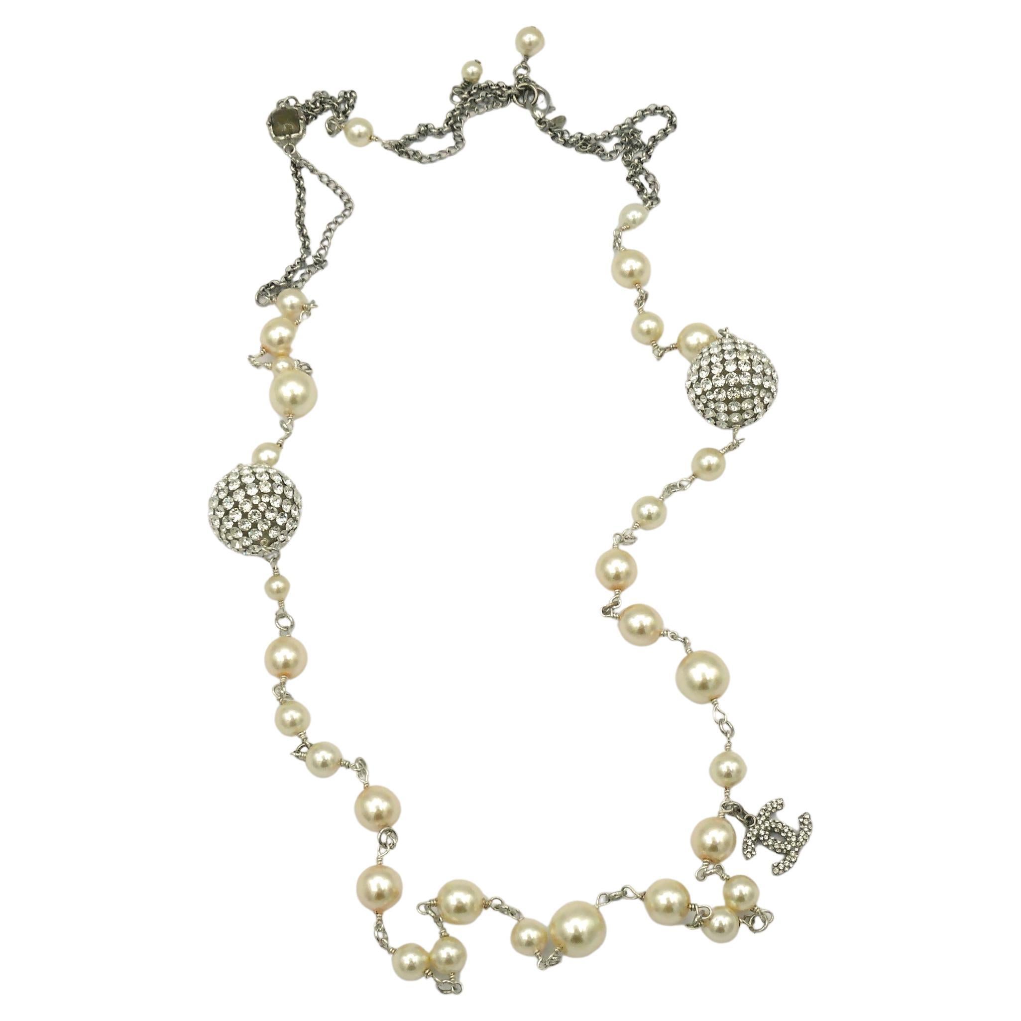 CHANEL by KARL LAGERFELD Faux Pearl Crystal Balls CC Logo Necklace, 2014 For Sale