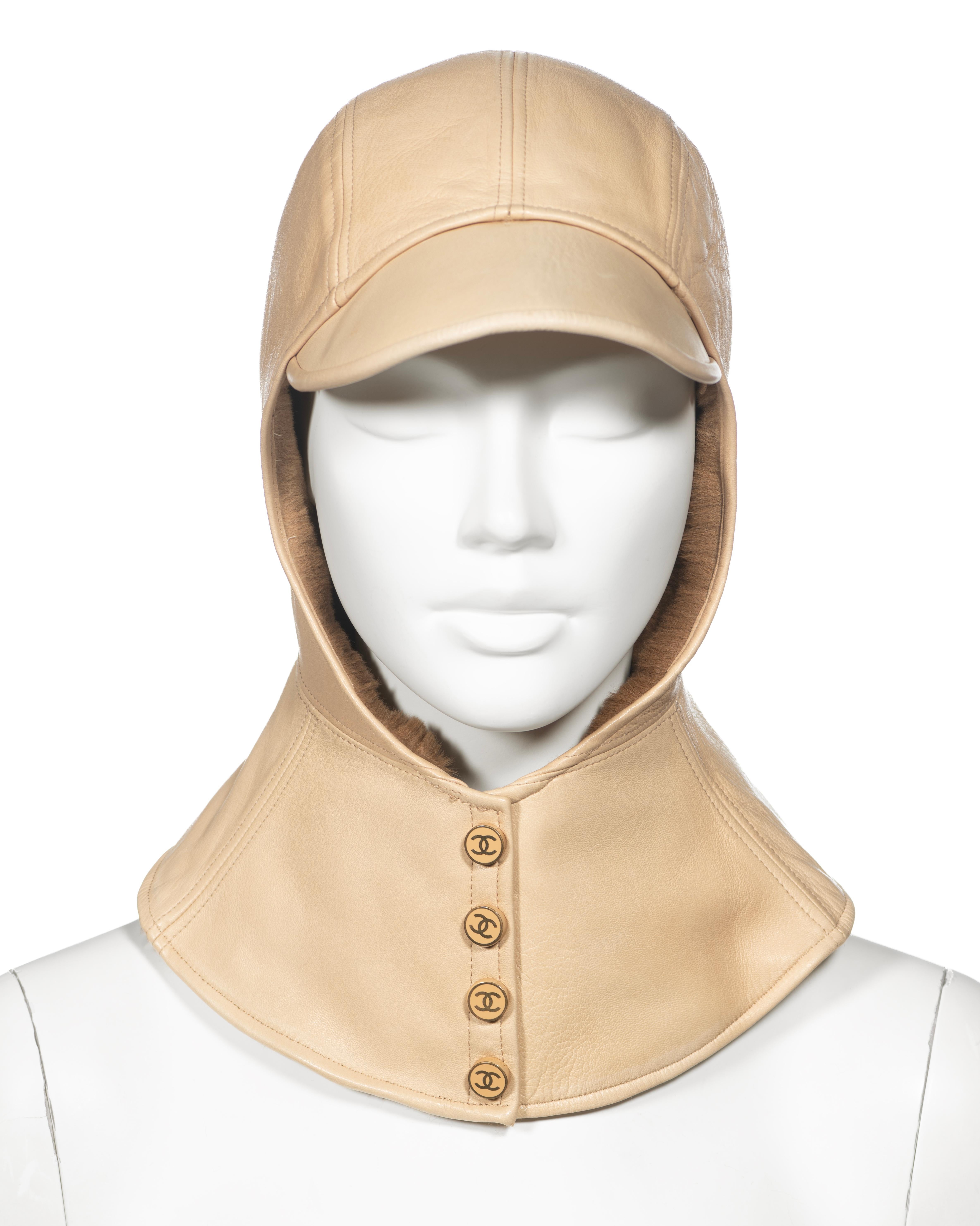 Beige Chanel by Karl Lagerfeld Fur-Lined Lambskin Leather Hat with Neck Flap, fw 2001