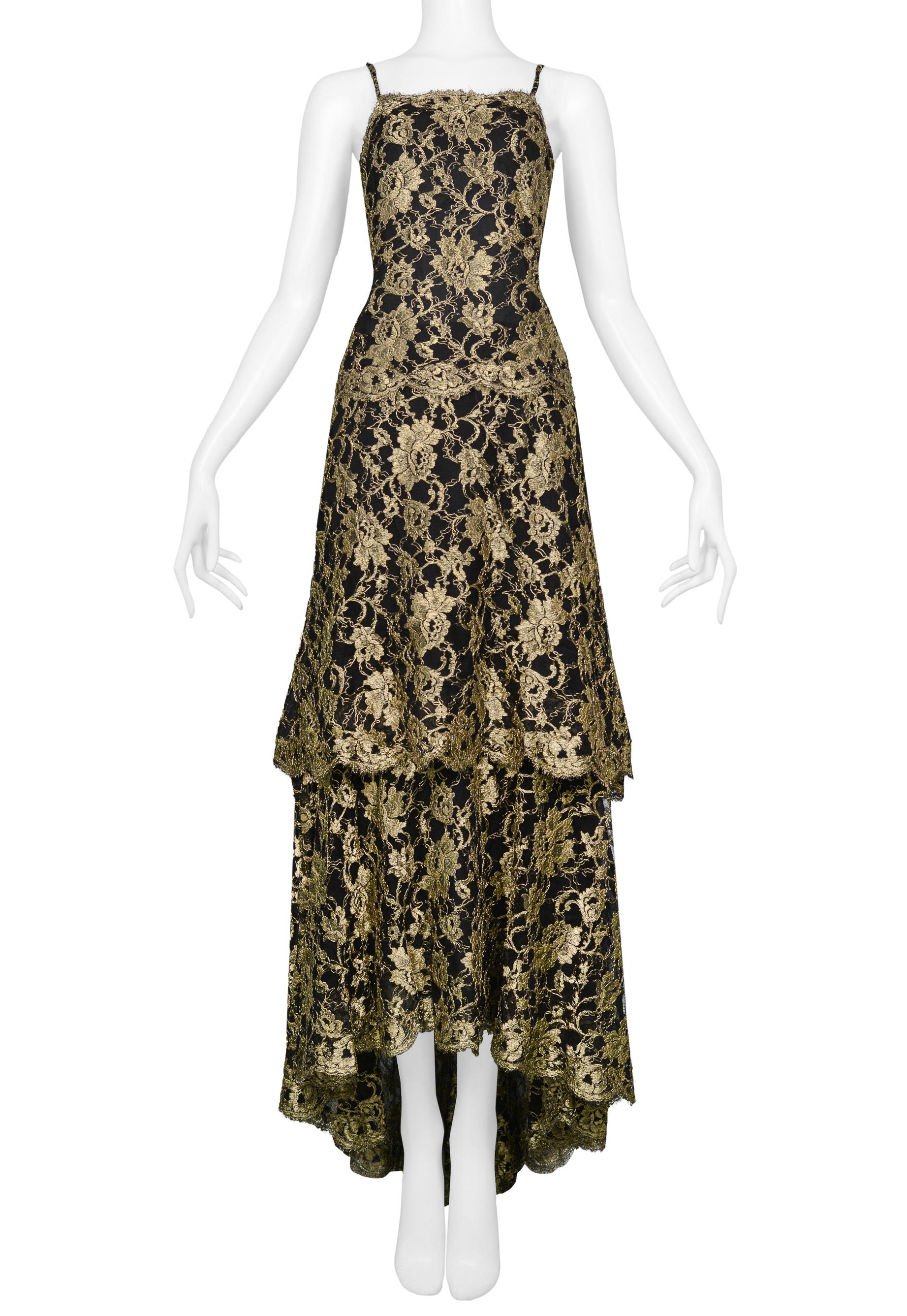 Chanel By Karl Lagerfeld Gold & Black Lace Evening Gown 1986 1