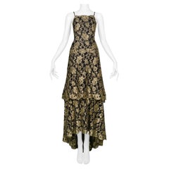 Retro Chanel By Karl Lagerfeld Gold & Black Lace Evening Gown 1986